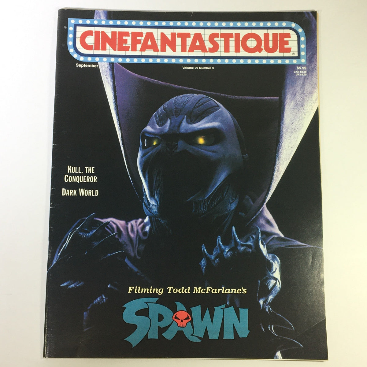 Cinefantastique September 1997 Vol 29 #3 featuring Filming Todd McFarlane's Spawn cover art, showcasing a dark character with glowing eyes against a shadowy background.