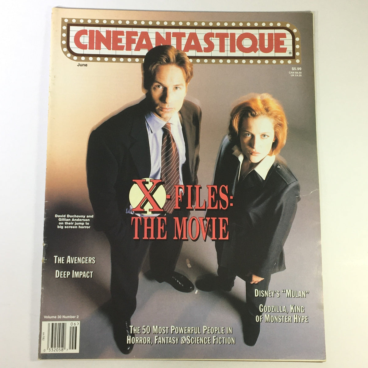 Cinefantastique June 1998 Vol 30 #2 magazine cover featuring David Duchovny and Gillian Anderson, highlighting 'X-Files: The Movie' with articles on various topics including Disney's 'Mulan'.