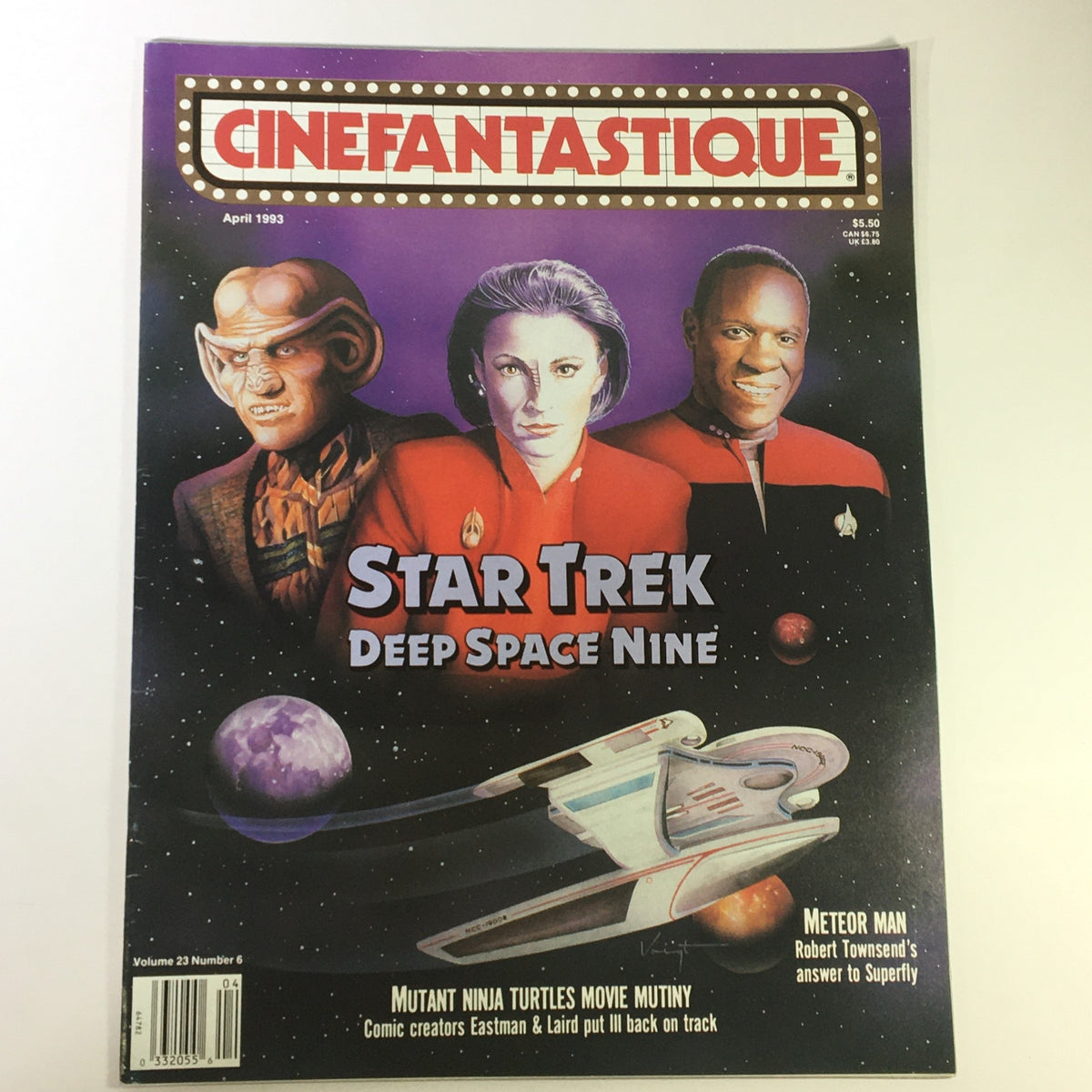 Cinefantastique April 1993 Vol 23 #6 cover featuring characters from Star Trek: Deep Space Nine, including Nana Visitor, Avery Brooks, and Armin Shimerman, with a spaceship illustration.