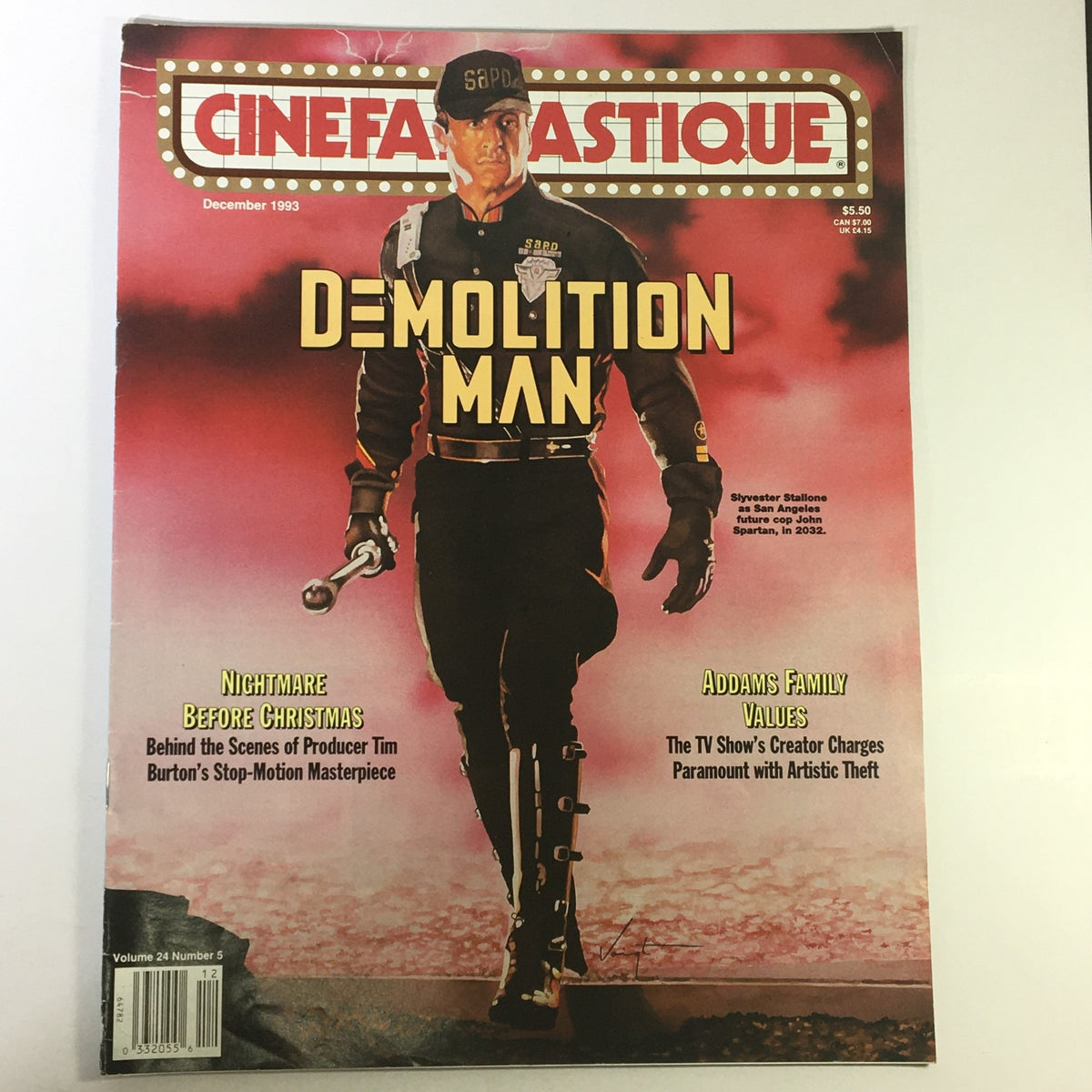 Cinefantastique December 1993 Vol 24 #5 magazine cover featuring Sylvester Stallone in Demolition Man, showcasing a striking image of Stallone as he walks confidently in a futuristic police uniform, emphasizing the movie's themes and aesthetic.