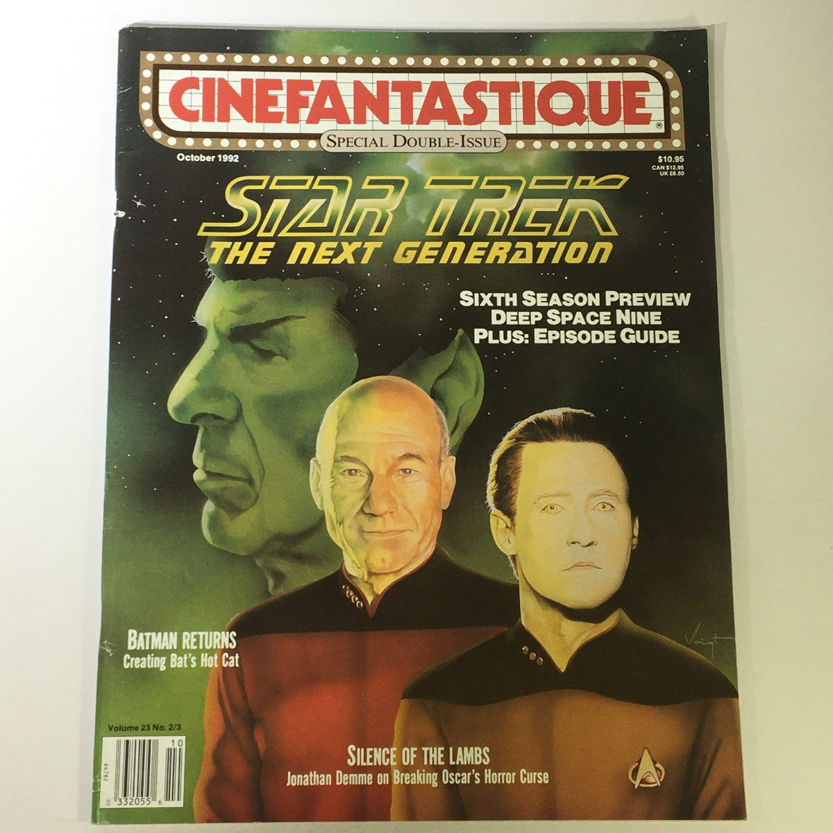 Cinefantastique October 1992 Vol 23 #2 #3 magazine cover featuring Patrick Stewart and Brent Spiner from Star Trek: The Next Generation, highlighting key features such as a sixth season preview and an episode guide.