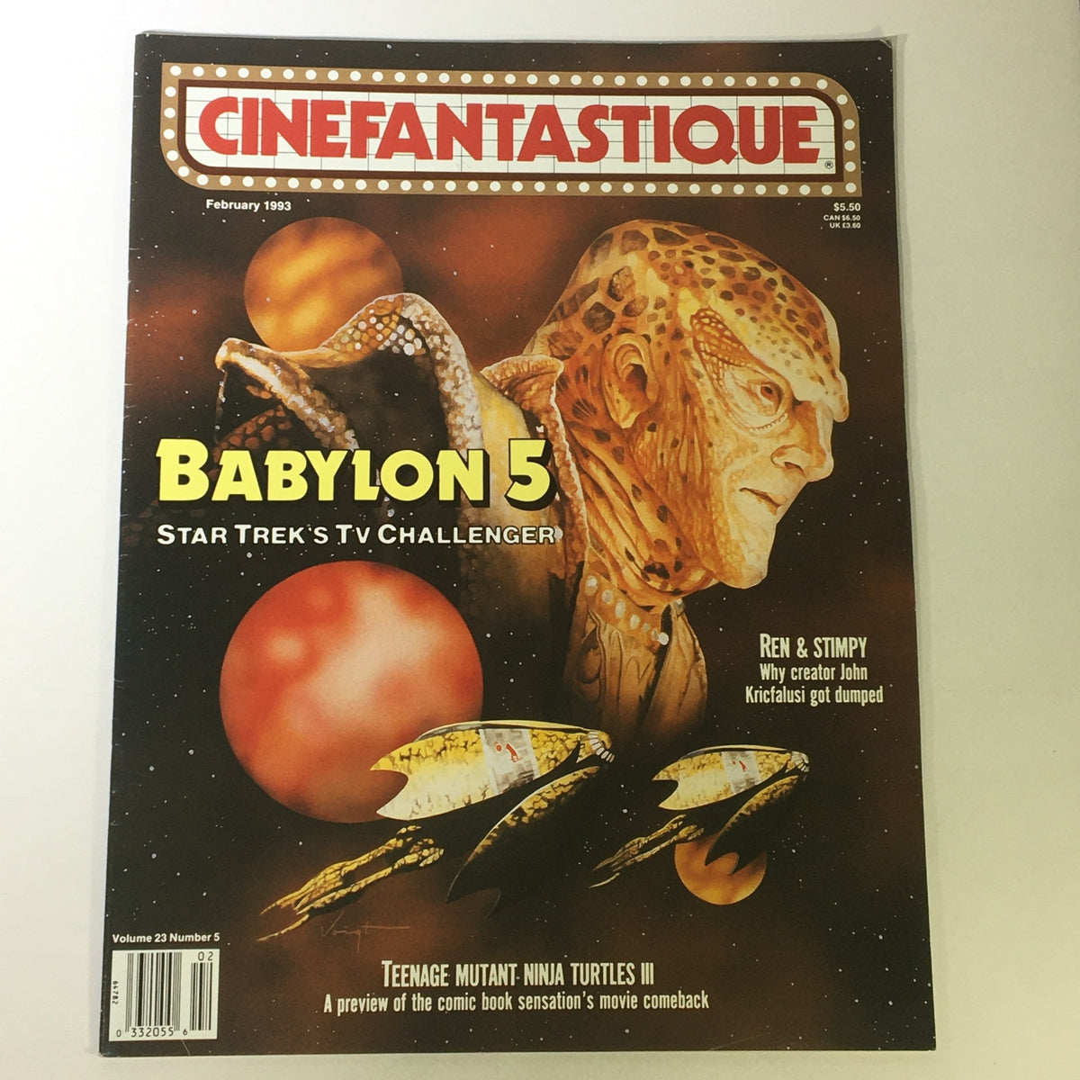 Cinefantastique February 1993 Vol 23 #5 featuring John Kricfalusi's Ren & Stimpy on the cover, with an illustration of a character from the magazine, and spacecraft designs in the background.