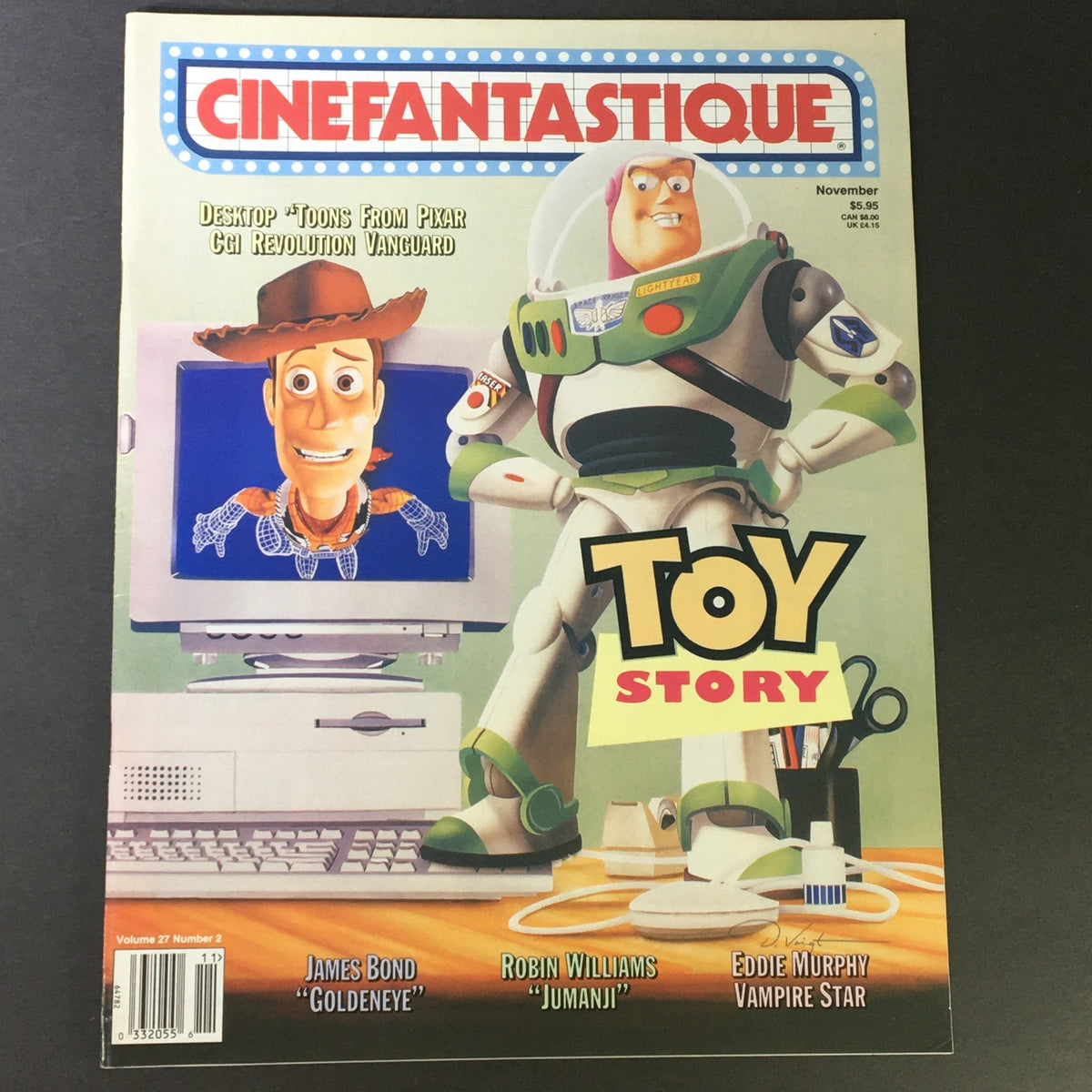 Cinefantastique magazine cover from November 1995, Volume 27, Number 2 featuring Woody from Toy Story, portrayed by Tom Hanks, alongside Buzz Lightyear and highlighting Patrick Warburton. The cover also includes details about the magazine's features and highlights. Perfect for collectors of film and animation memorabilia.