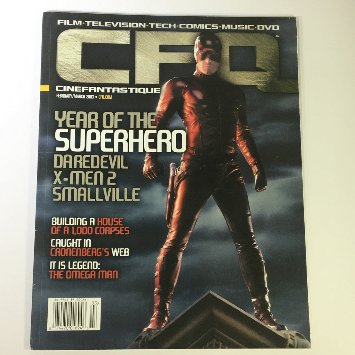 Cinefantastique February March 2003 magazine cover featuring Ben Affleck as Daredevil, highlighting the superhero genre with a focus on X-Men 2 and Smallville.