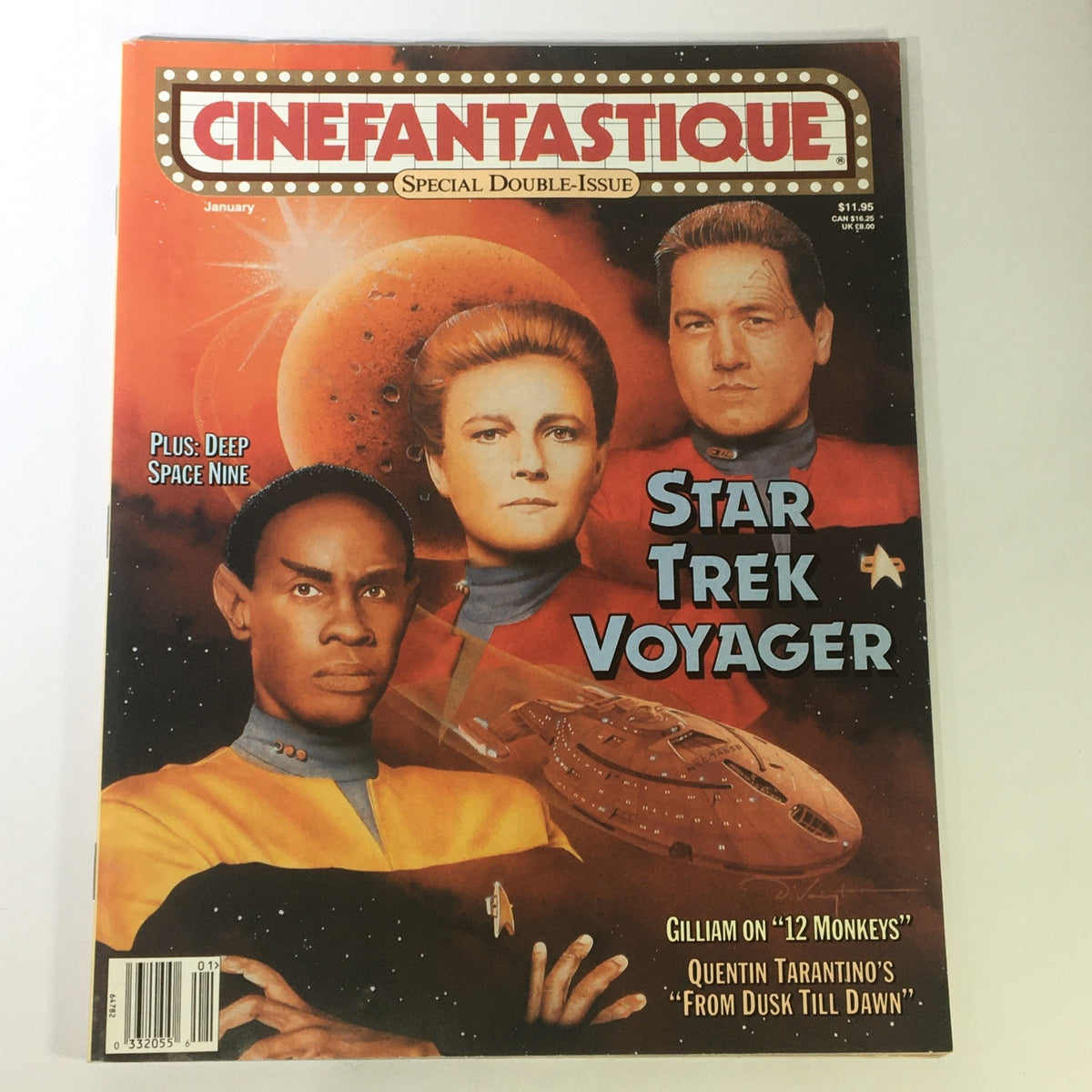 Cinefantastique January 1996 Vol 27 #4 #5 featuring Star Trek Voyager and Deep Space Nine on the cover, showcasing three prominent characters from the series with a space-themed background.