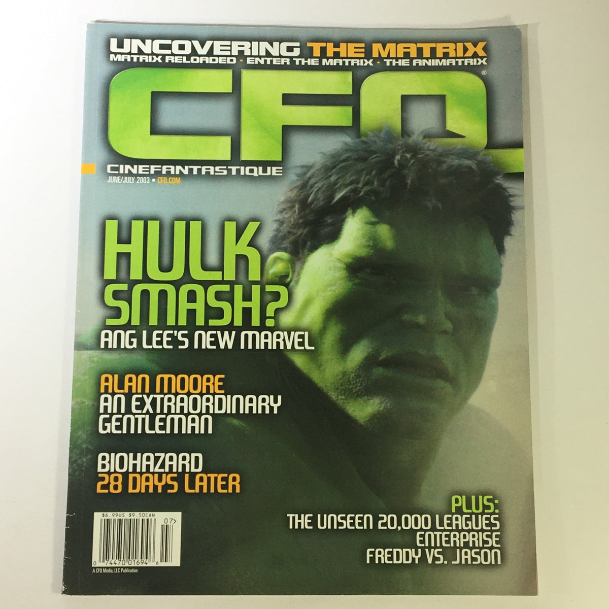 Cinefantastique magazine cover from June July 2003, featuring Eric Bana as Ang Lee's Marvel Hulk, with text discussing Hulk and other features like Alan Moore and Biohazard.