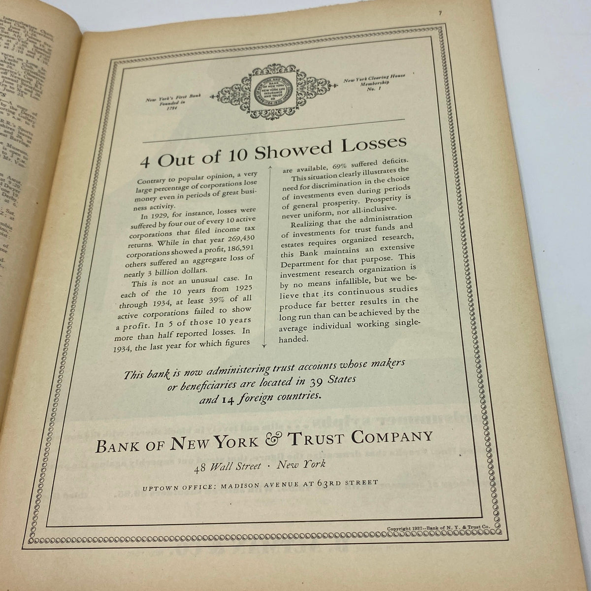 Advertisement page from The New Yorker Complete Magazine June 19, 1937 for the Bank of New York & Trust Company, displaying financial information and services aimed at corporate clients.