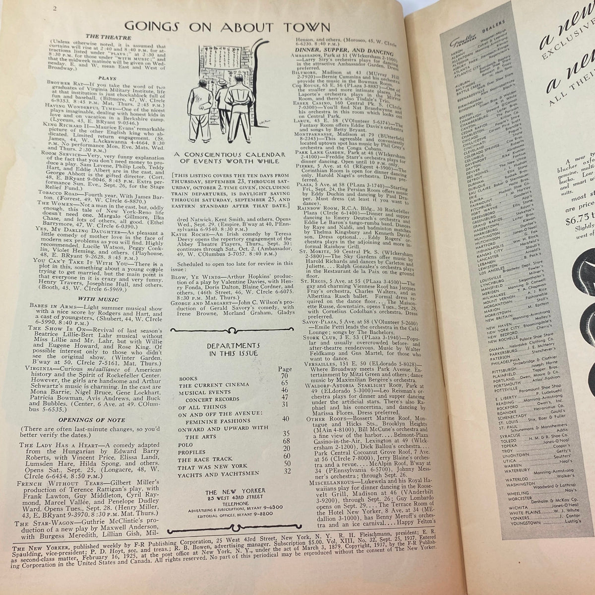 A detailed page from The New Yorker Complete Magazine September 25, 1937, listing events and cultural happenings of the time, reflecting 1930s New York.