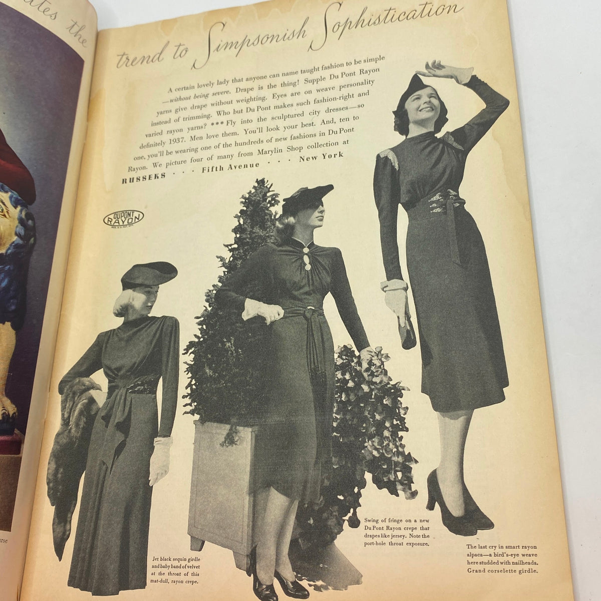 Fashion illustrations featuring elegant women in Du Pont Rayon attire from The New Yorker Complete Magazine September 25, 1937, highlighting 1930s sartorial styles.