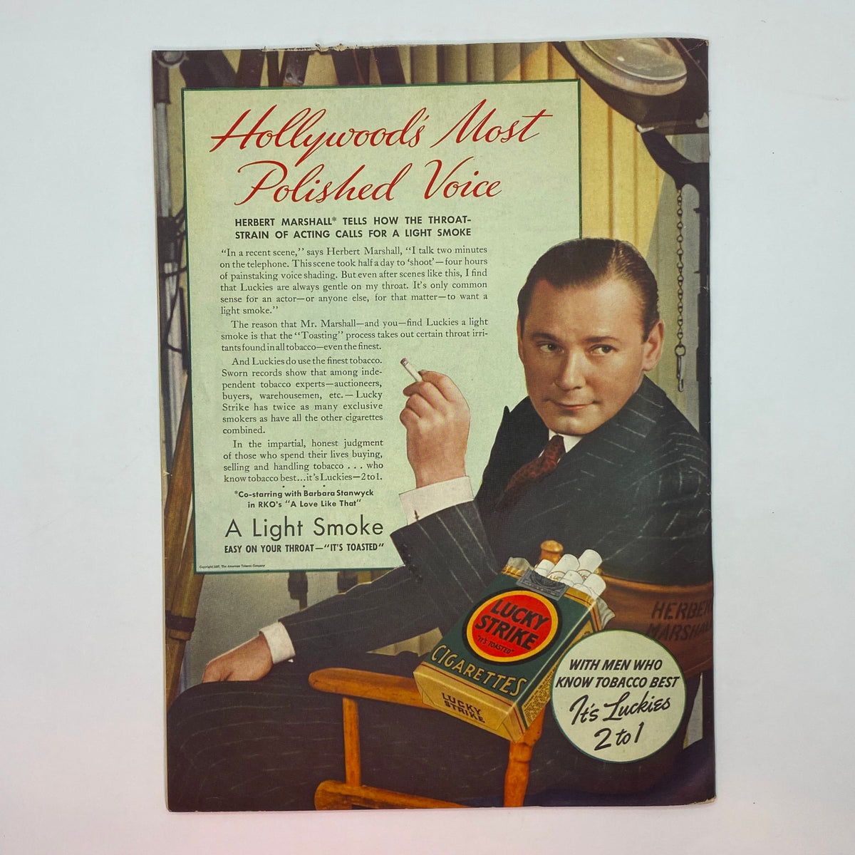 The New Yorker Complete Magazine September 25, 1937 featuring a vintage advertisement for Lucky Strike cigarettes with Herbert Marshall, emphasizing Hollywood's polished voice and smoking appeal.