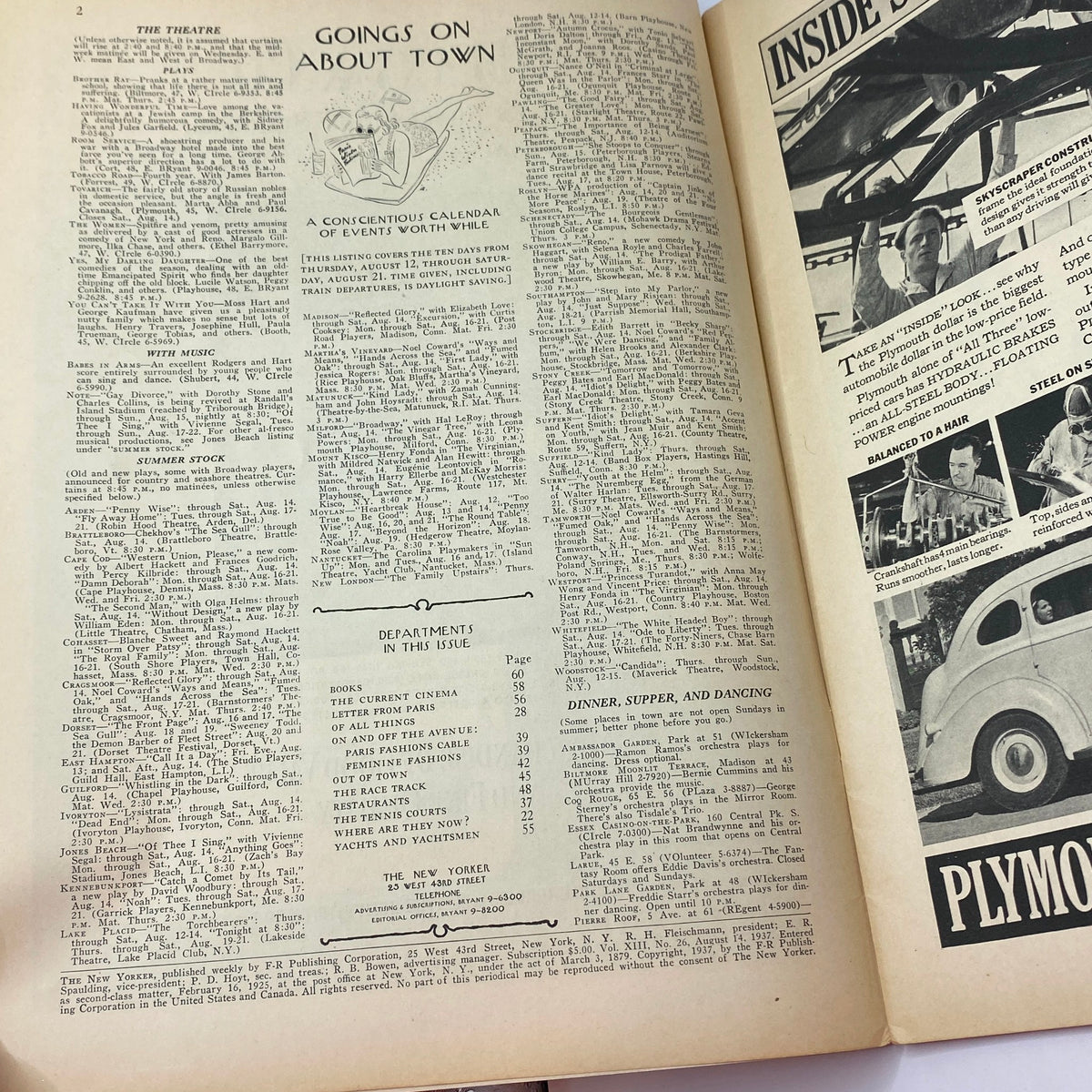 Inside pages of The New Yorker Complete Magazine August 14, 1937 featuring theatre listings and a calendar of events in NYC.