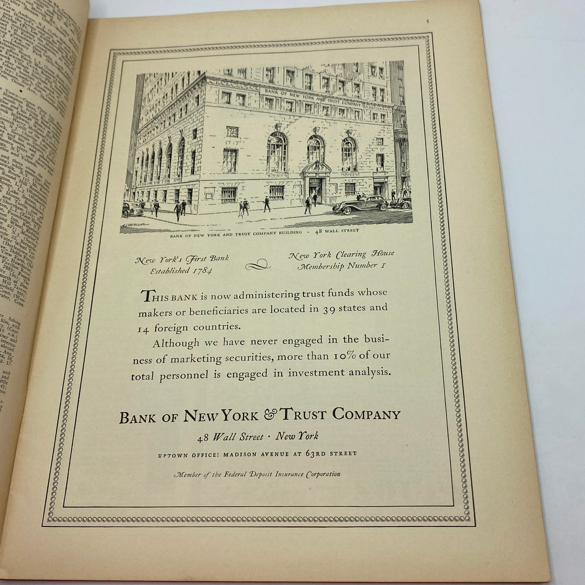 Bank advertisement page from The New Yorker Complete Magazine August 14, 1937 showcasing Bank of New York & Trust Company building.