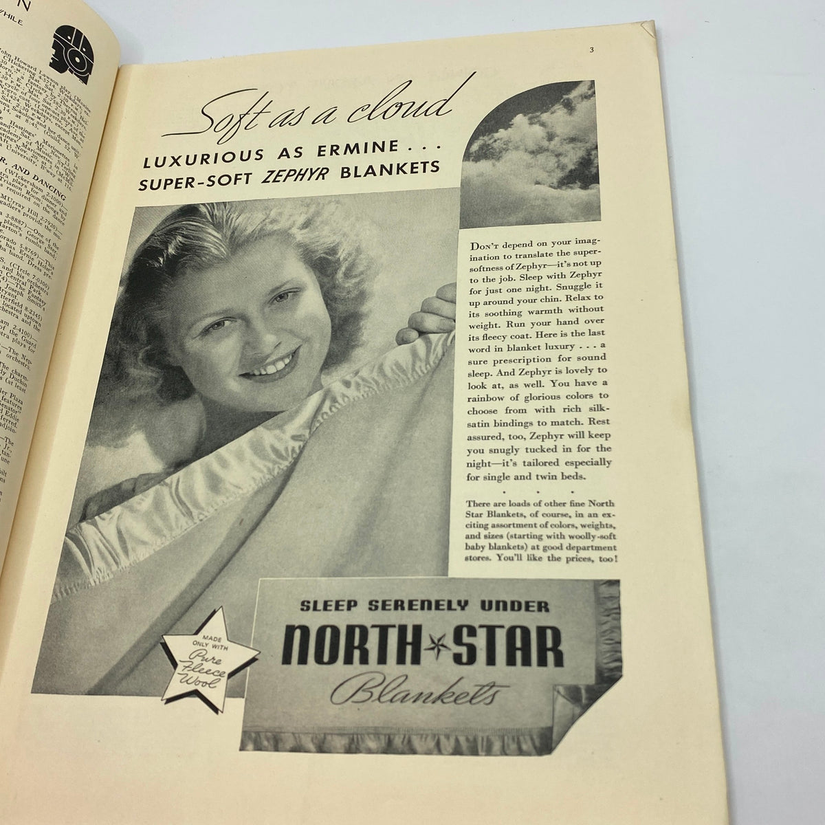 Advertisement for Zephyr blankets in The New Yorker Complete Magazine November 13, 1937, featuring a smiling woman and product details.