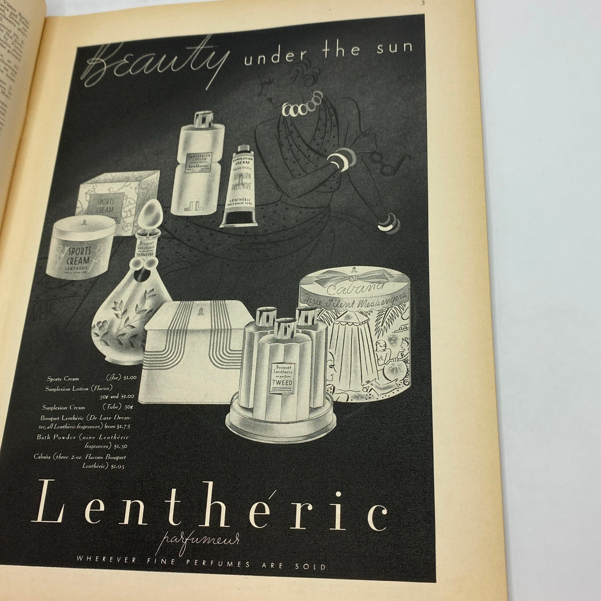 Advertisement page from The New Yorker magazine, June 5, 1937, featuring a stylized beauty products display and promoting Lentheric perfumes under the title 'Beauty under the sun'.