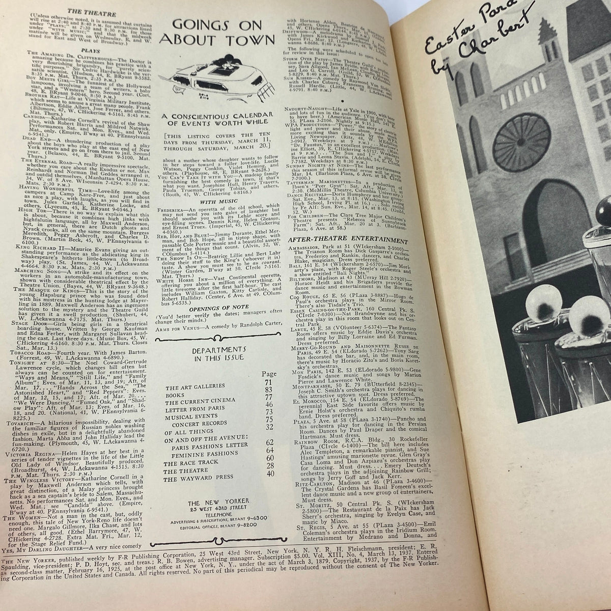 Inside page of The New Yorker magazine from March 13, 1937, featuring the 'Goings On About Town' section with listings and events of the time, alongside artistic illustrations. Title: The New Yorker Complete Magazine March 13, 1937 Constantin Alajalov Cover VG