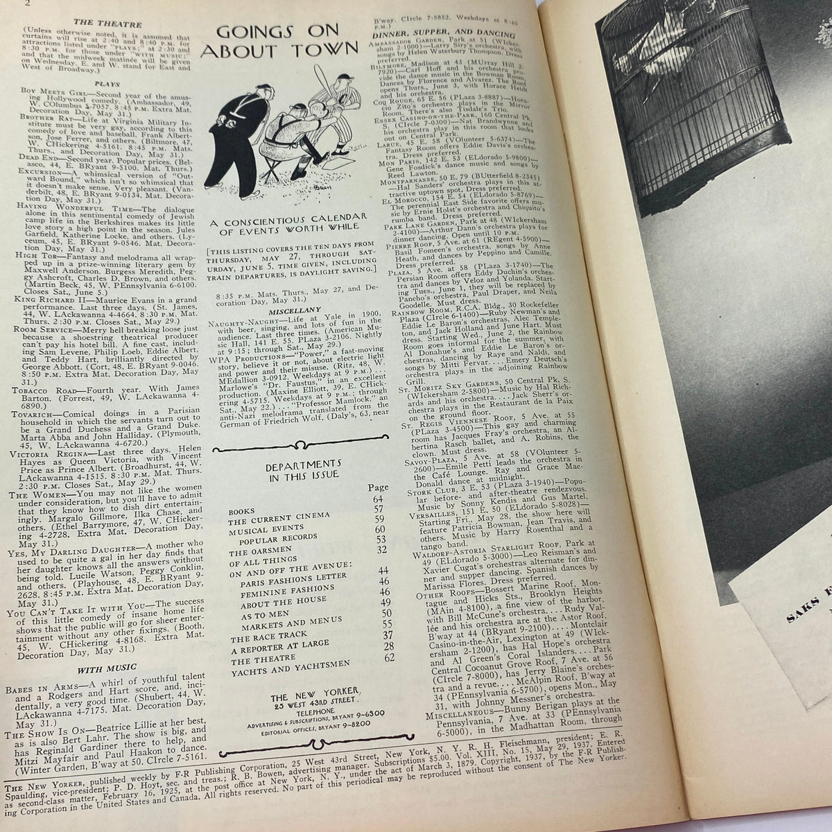 Inside page of The New Yorker magazine from May 29, 1937, featuring the 'Goings On About Town' section, including details on plays and events of the time.