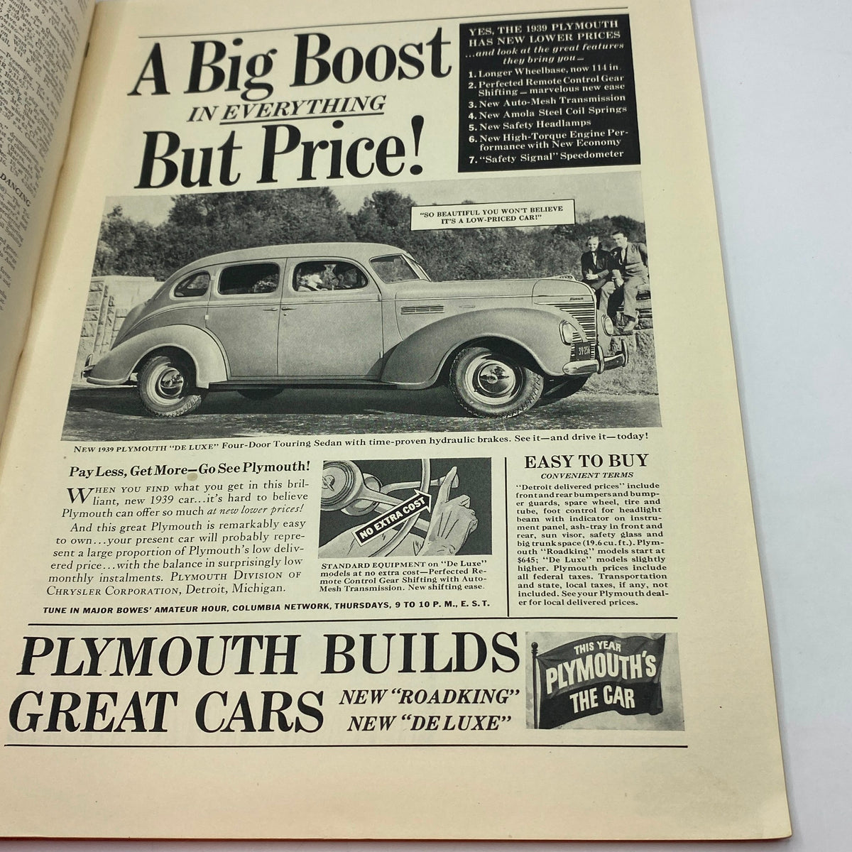 Advertisement page from The New Yorker magazine dated December 3, 1938, promoting the 1939 Plymouth automobile with notable features and pricing, illustrating mid-20th century marketing aesthetics, part of the Perry Barlow cover issue.