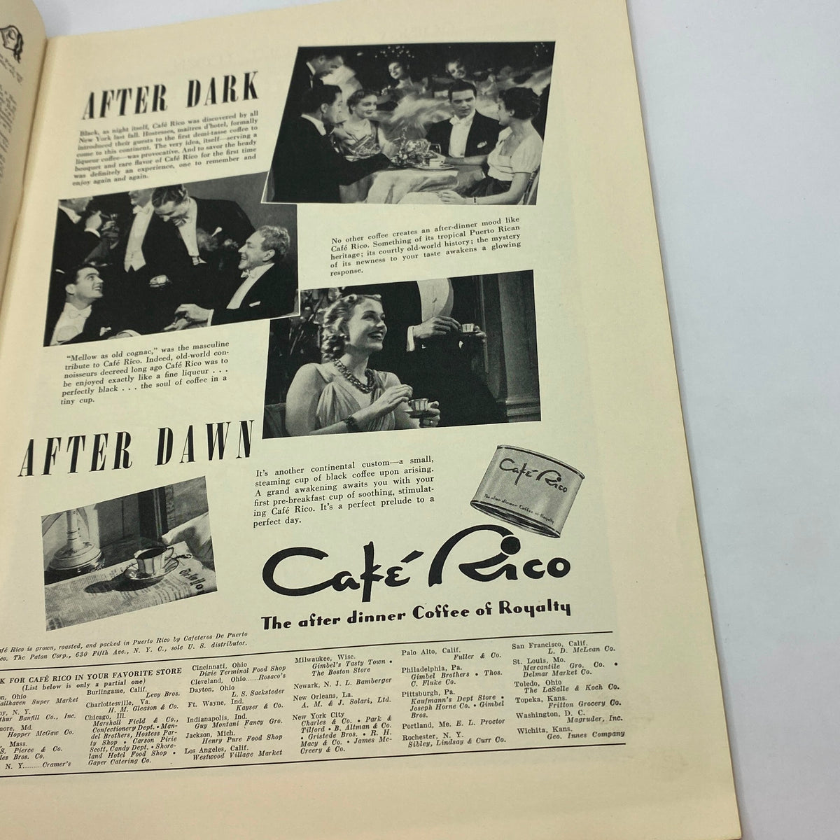 Article spread from The New Yorker Complete Magazine November 26, 1938, showcasing Cafe Rico advertisements with illustrations of social gatherings.