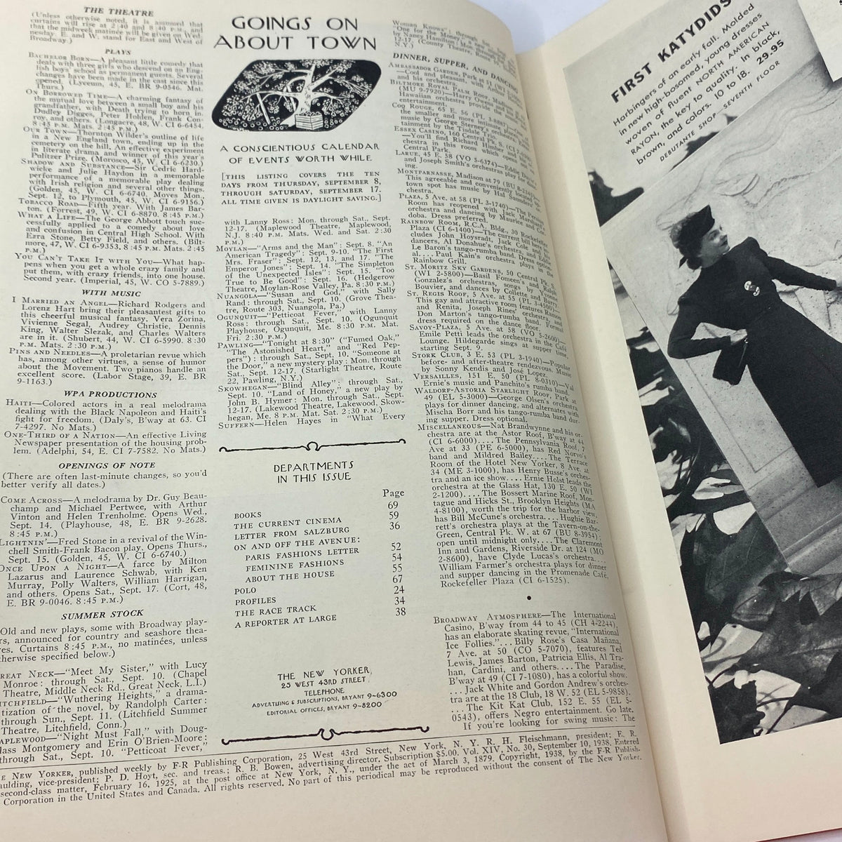 Interior page from The New Yorker magazine, September 10, 1938, featuring a calendar of events and departments in the issue, showcasing the publication's classic design.