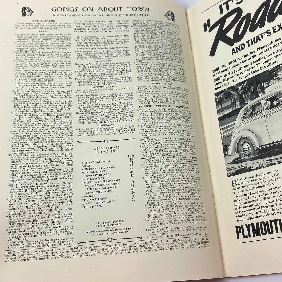 Interior page of The New Yorker Complete Magazine April 23, 1938, featuring a calendar of events and department listings, showcasing the magazine's historical content.