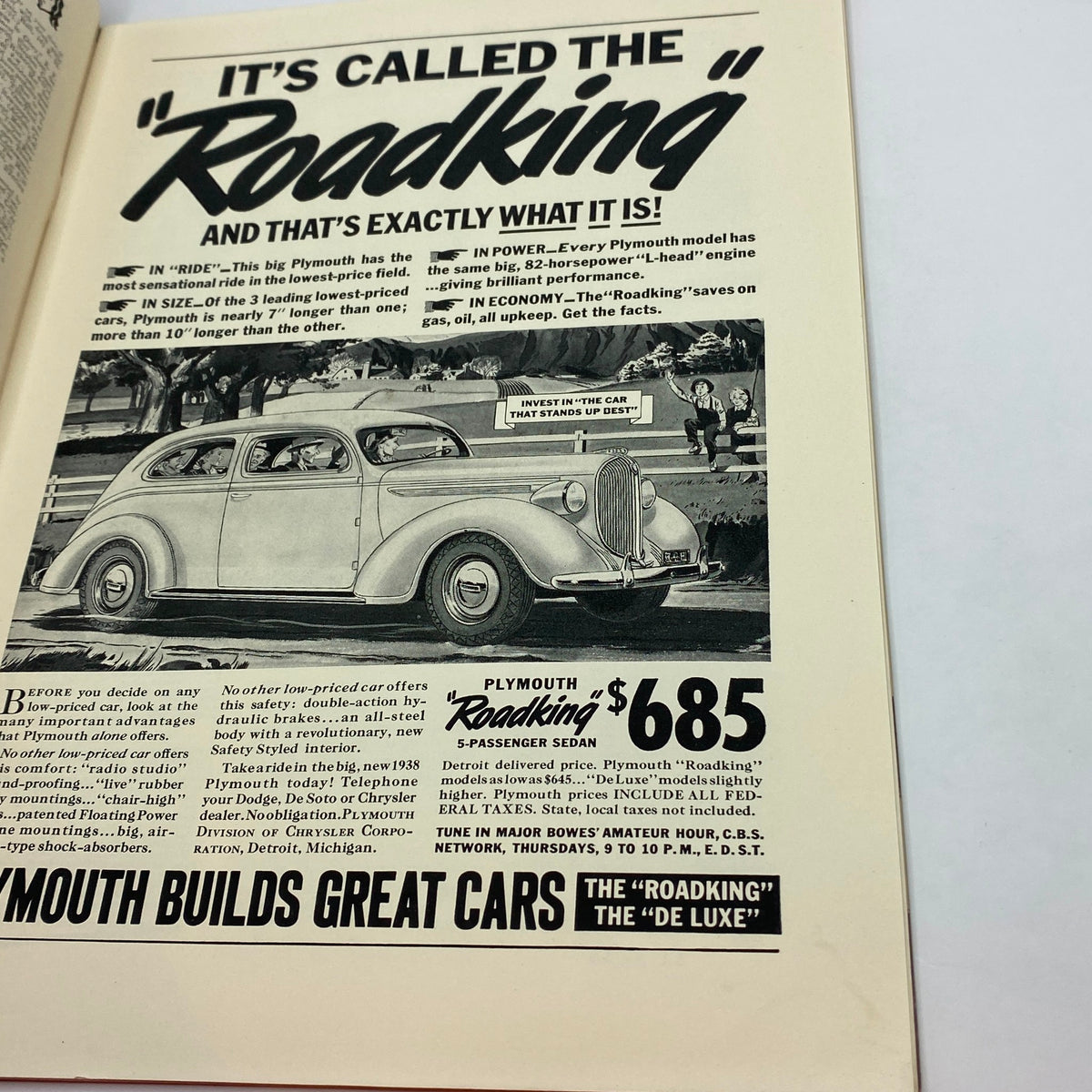 Advertisement page from The New Yorker Complete Magazine April 23, 1938, promoting the Plymouth Roadking with details on its features and pricing.
