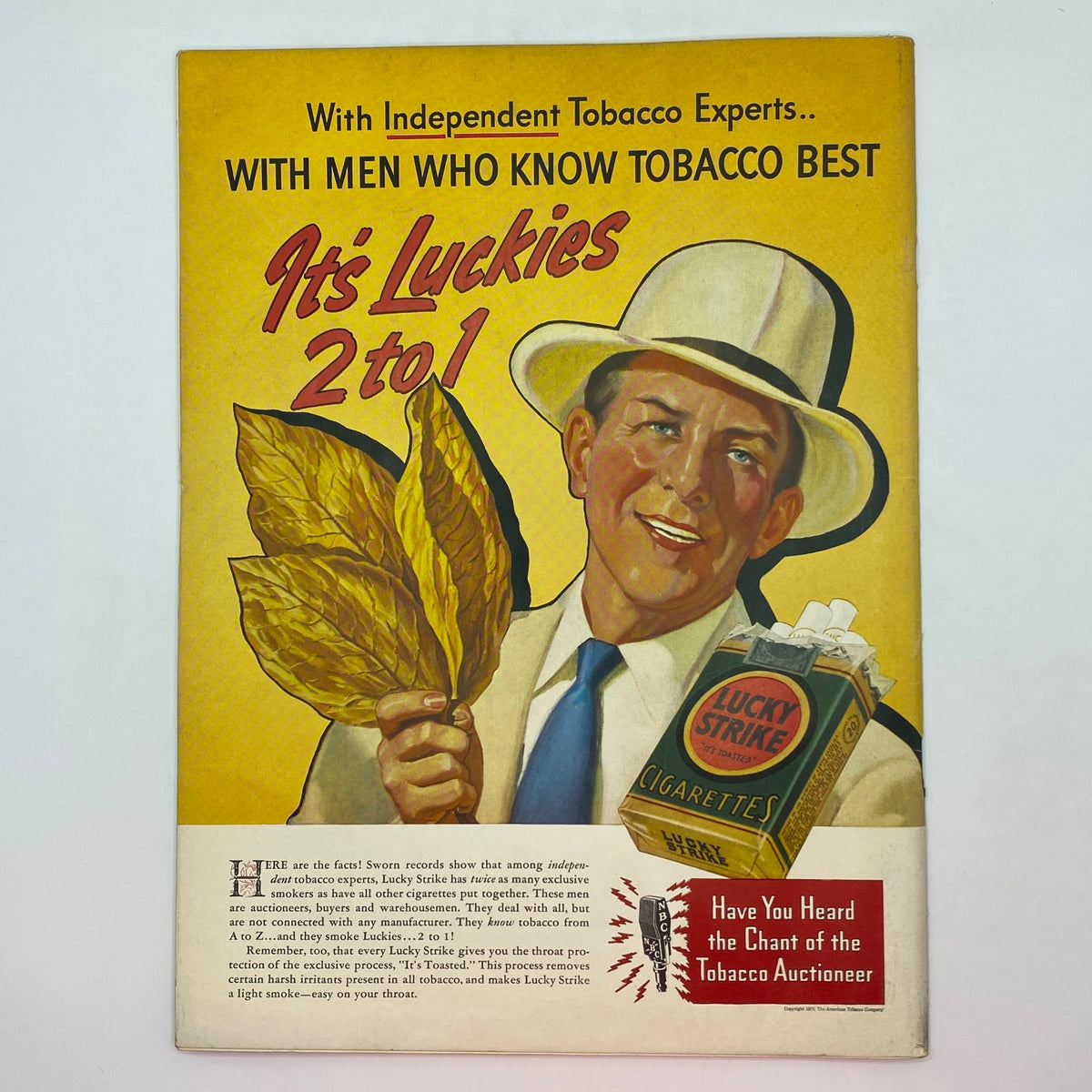 The New Yorker Complete Magazine April 23, 1938 Cover featuring a vintage Lucky Strike advertisement showcasing a man in a hat with tobacco leaves, promoting the brand's unique selling points.