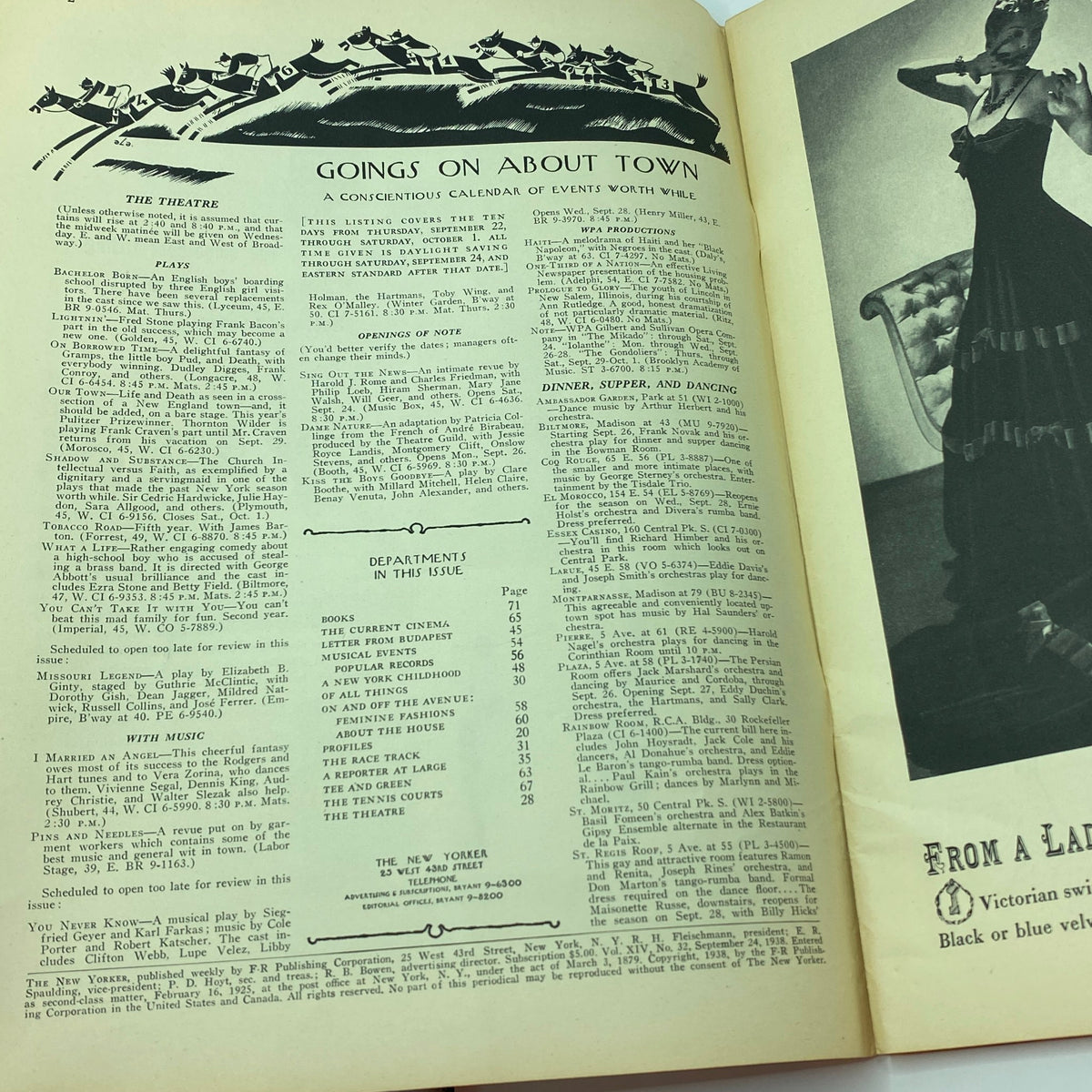 Inside pages of The New Yorker complete magazine dated September 24, 1938, showcasing event listings and a fashion illustration, part of the vintage collection featuring Rea Irvin's cover.