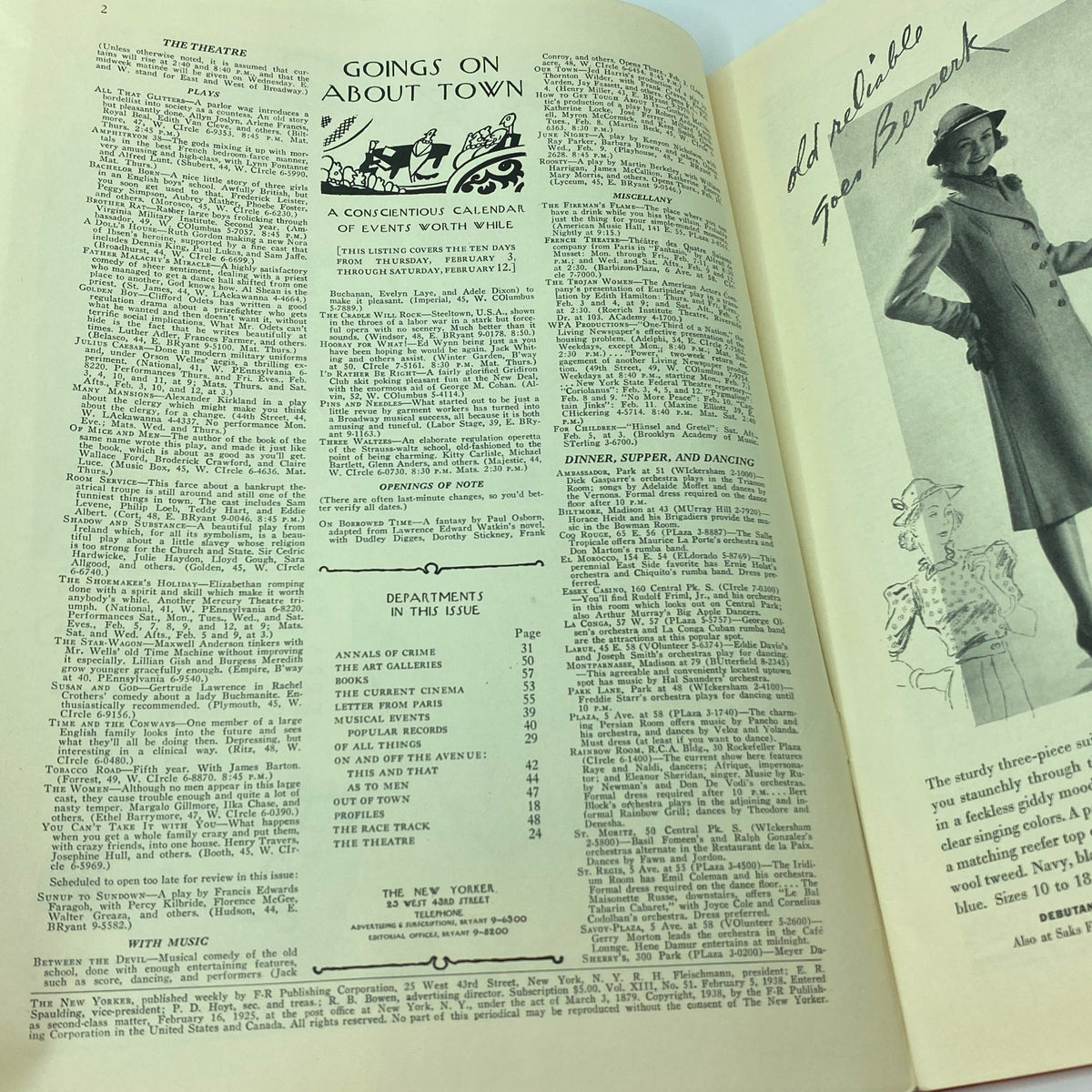 Interior page from The New Yorker magazine February 5, 1938 featuring event listing and articles, showcasing vintage typography and layout.