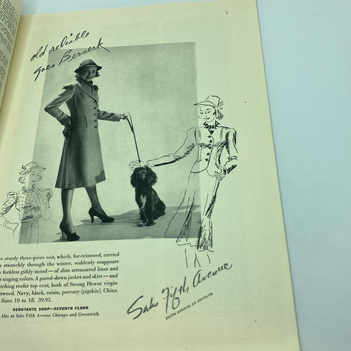Another interior page from The New Yorker magazine February 5, 1938 displaying a fashion illustration and an image of a model with a dog, reflecting the magazine's artistic style.