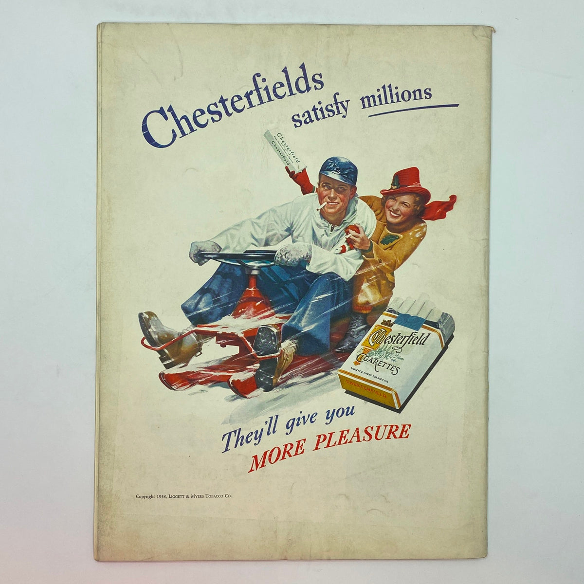 The New Yorker Complete Magazine February 5, 1938 cover featuring Peter Arno's artwork depicting a nostalgic winter scene with sledding children and Chesterfield cigarette advertisement, showcasing vintage illustrations and historical significance.