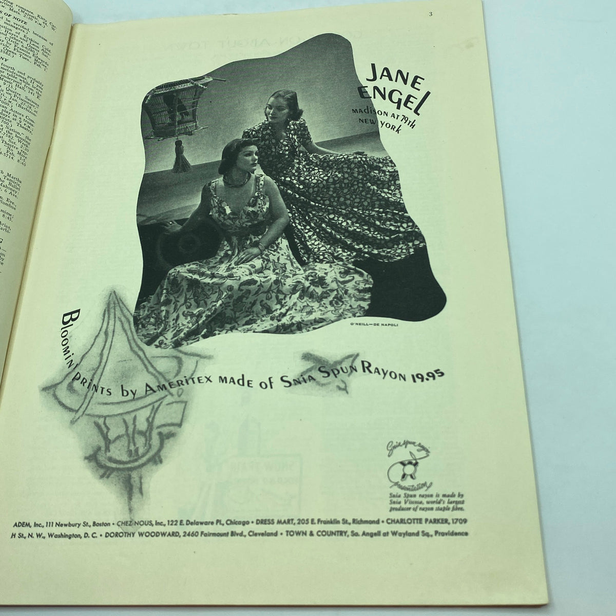 Page from The New Yorker Complete Magazine January 29, 1938 showcasing an advertisement for Bloomin' Prints by Ameritex, featuring two women in stylish dresses.