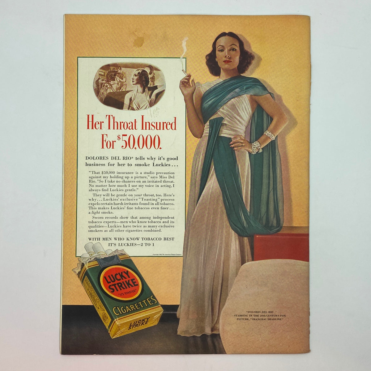 Advertisement from The New Yorker Complete Magazine January 29, 1938 highlighting Dolores Del Río with a promotion for Lucky Strike cigarettes.