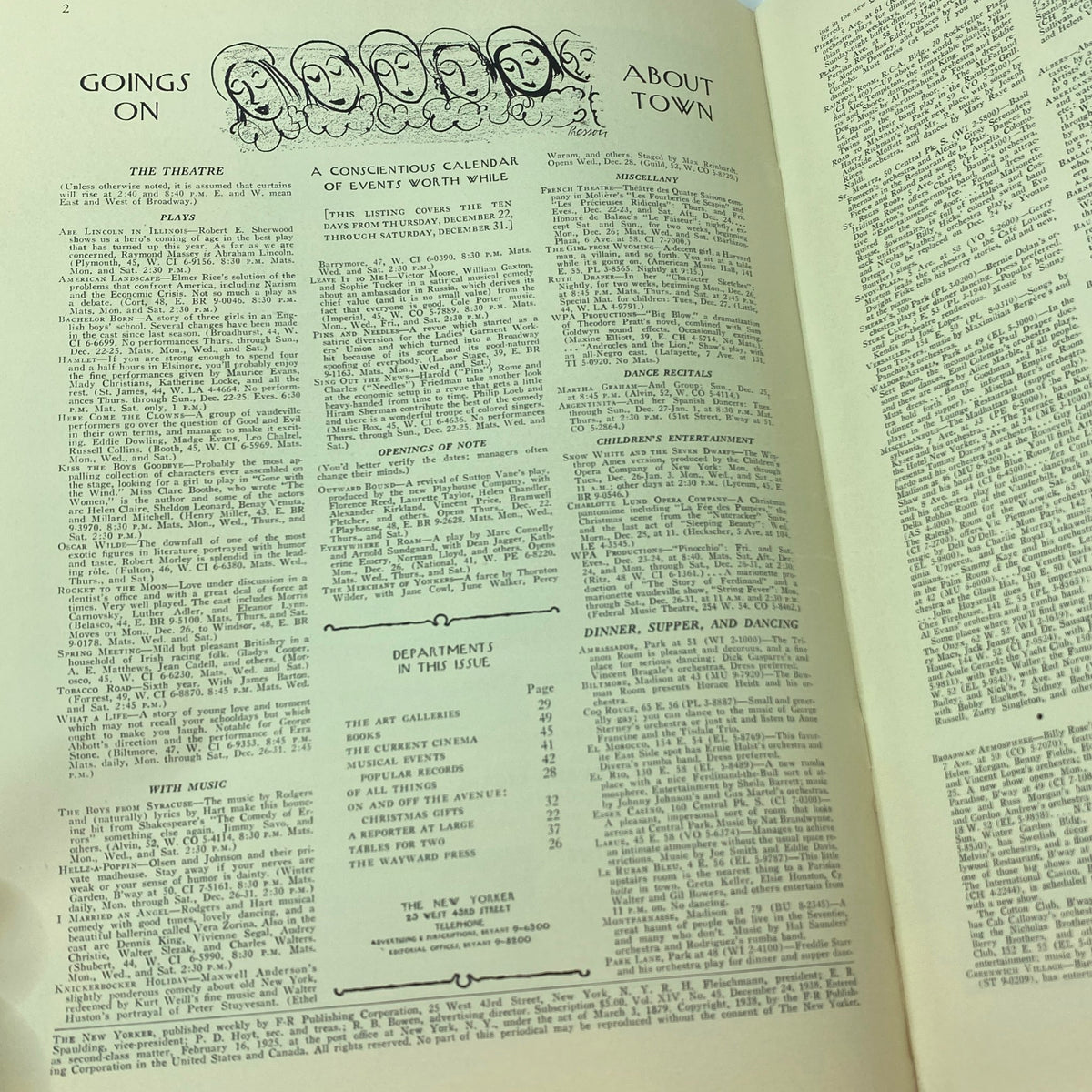 Inside spread of The New Yorker Complete Magazine December 24, 1938 featuring a calendar of events and listings titled 'Goings On About Town'.