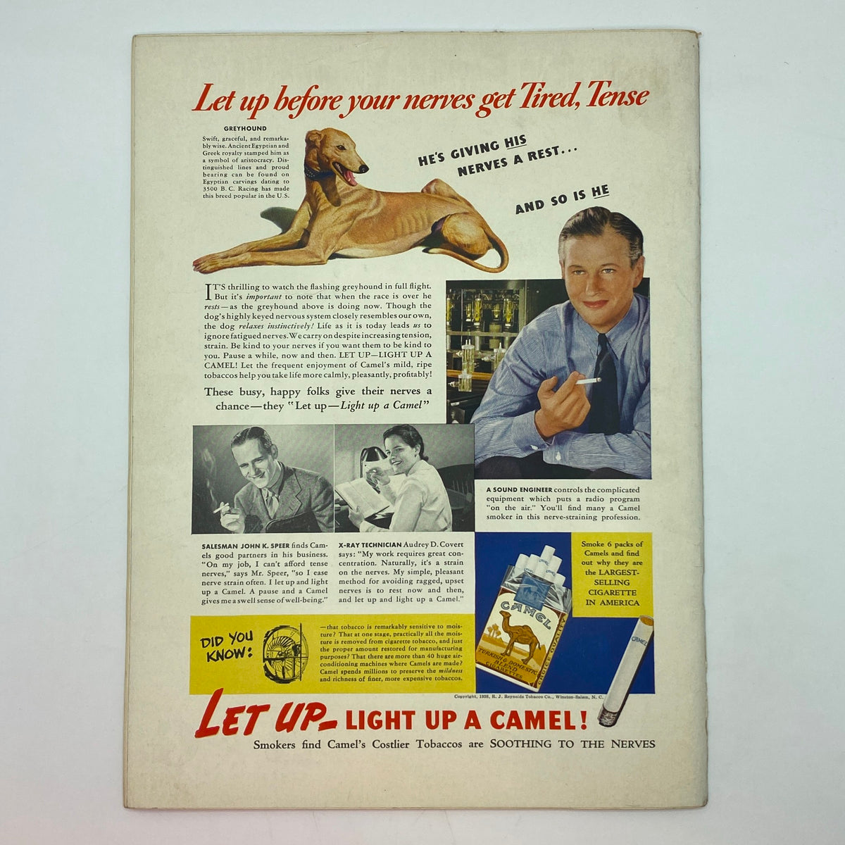 Advertisement page from The New Yorker Complete Magazine December 24, 1938 for Camel cigarettes, focusing on relaxation and calming effects.