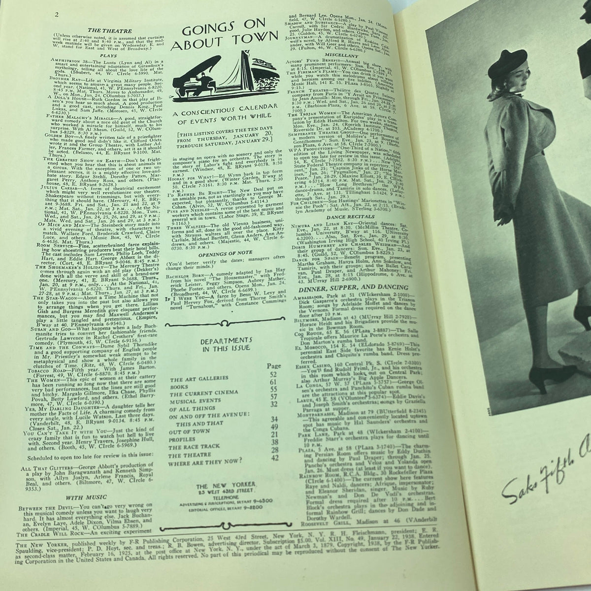 Interior page featuring events calendar and articles from The New Yorker Complete Magazine January 22, 1938 Perry Barlow Cover VG.