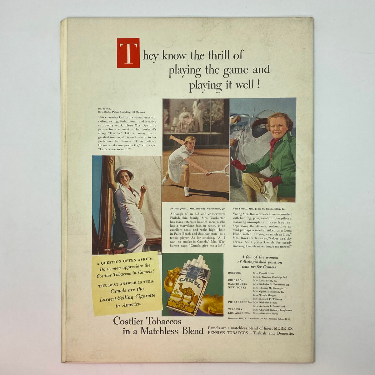 Back cover advertisement for Camel cigarettes in The New Yorker Complete Magazine January 22, 1938 Perry Barlow Cover VG.