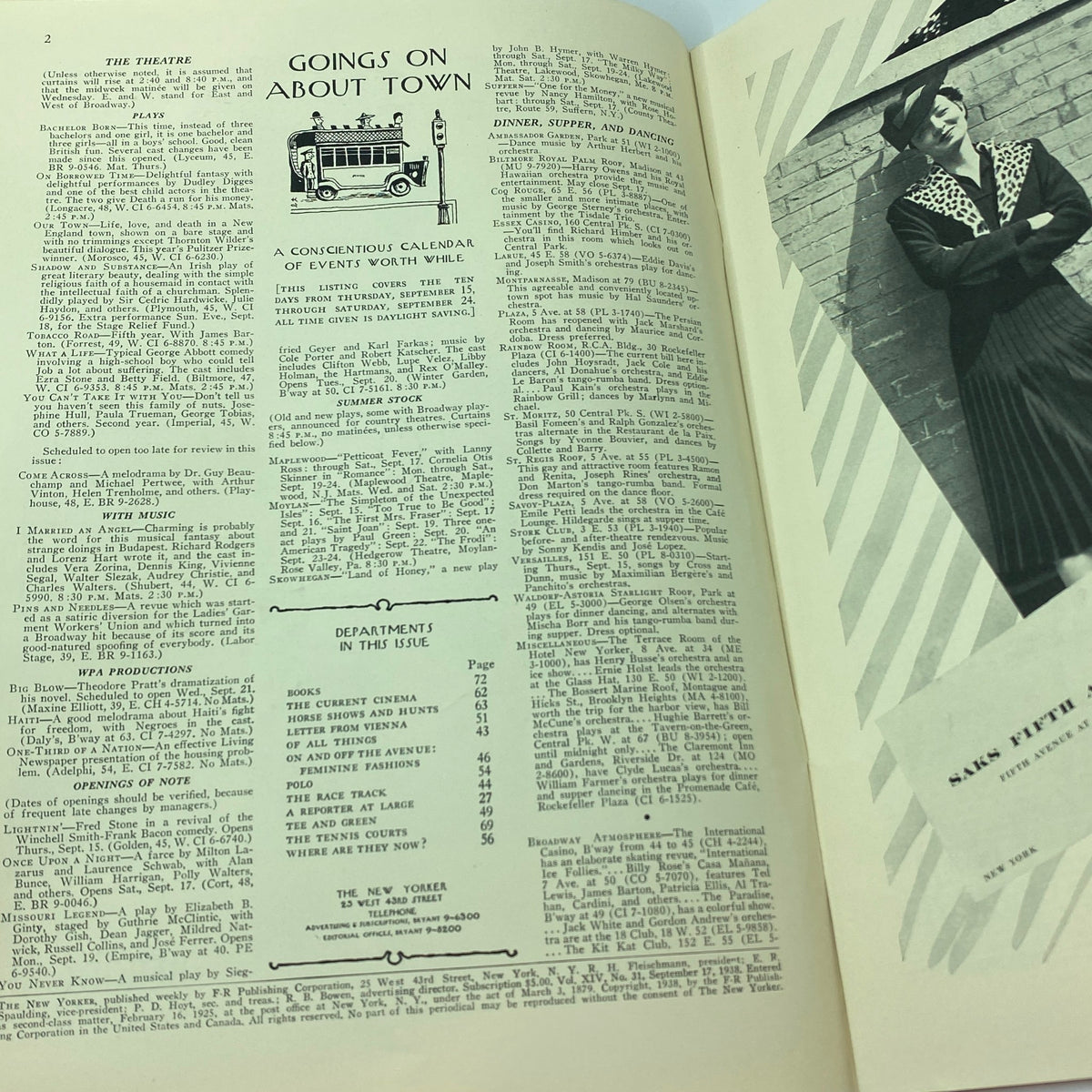 Interior page of The New Yorker magazine from September 17, 1938, featuring a calendar of events and various listings. The page showcases the vintage layout and typography typical of that era, resonating with the artistic style of the magazine.