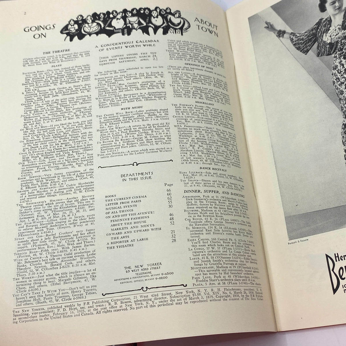 Inside view of The New Yorker Complete Magazine from March 26, 1938 featuring events calendar, theater listings, and department sections.