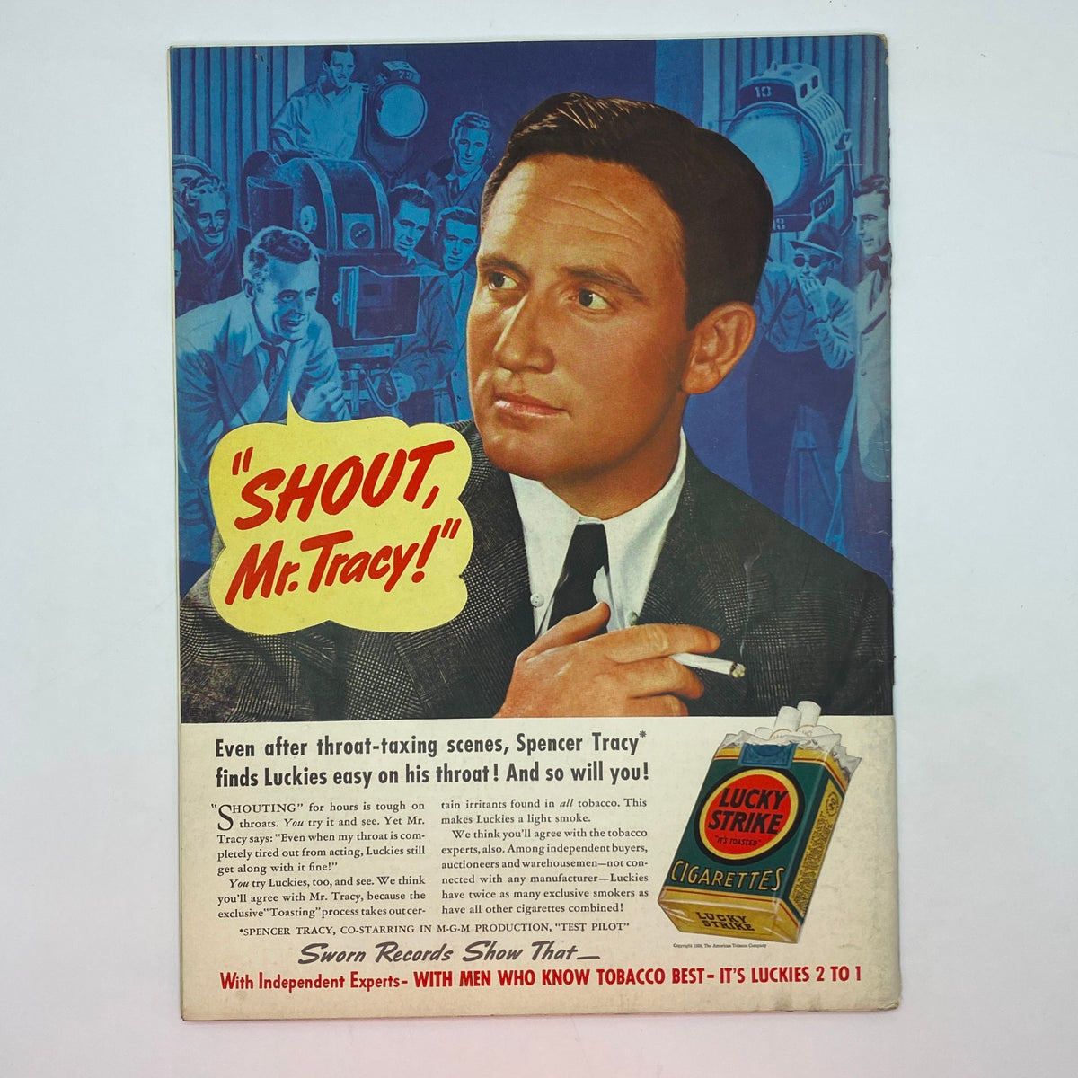 Vintage advertisement for Lucky Strike cigarettes featuring Spencer Tracy in The New Yorker Complete Magazine March 26, 1938.