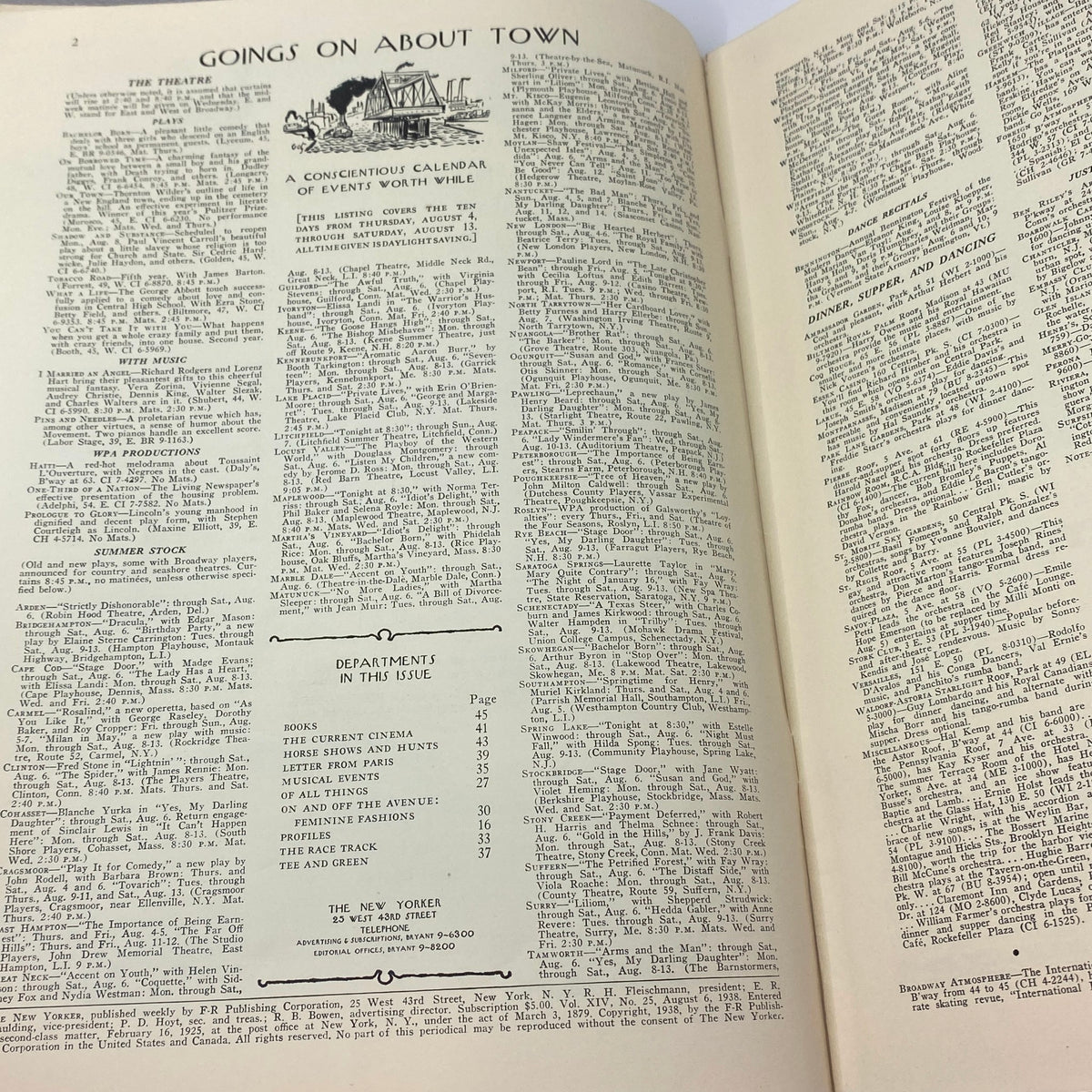 Inside page of The New Yorker Complete Magazine August 6, 1938, featuring 'Goings On About Town' with events and activities listed, showcasing the era's cultural landscape.