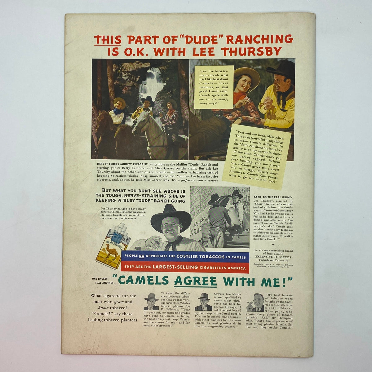 Advertisement from The New Yorker Complete Magazine August 6, 1938, promoting Camel cigarettes with a visual of a ranch scene, showcasing the lifestyle of the era.