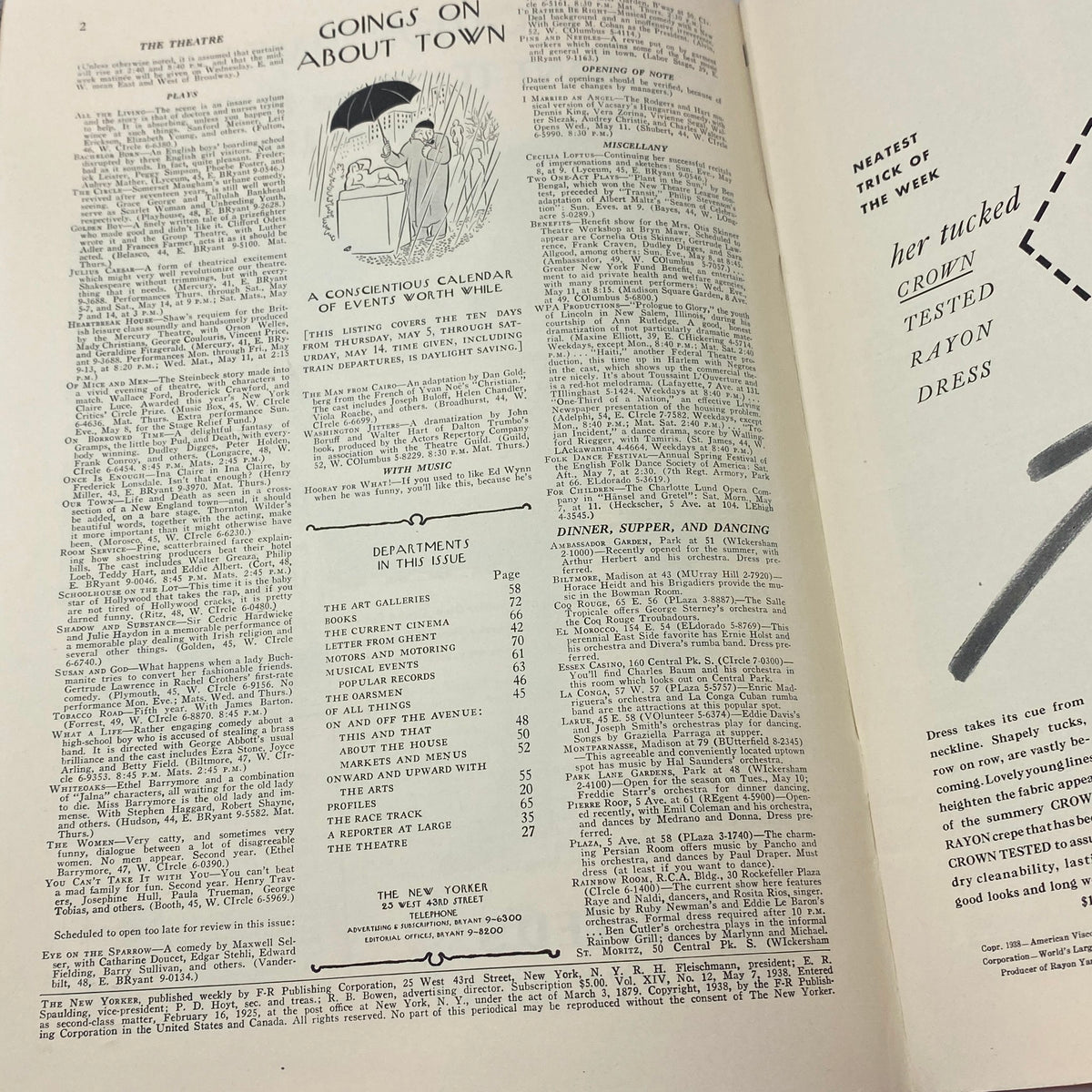 Interior pages of The New Yorker magazine from May 7, 1938, featuring a calendar of events and theater listings, highlighting cultural activities of the time.