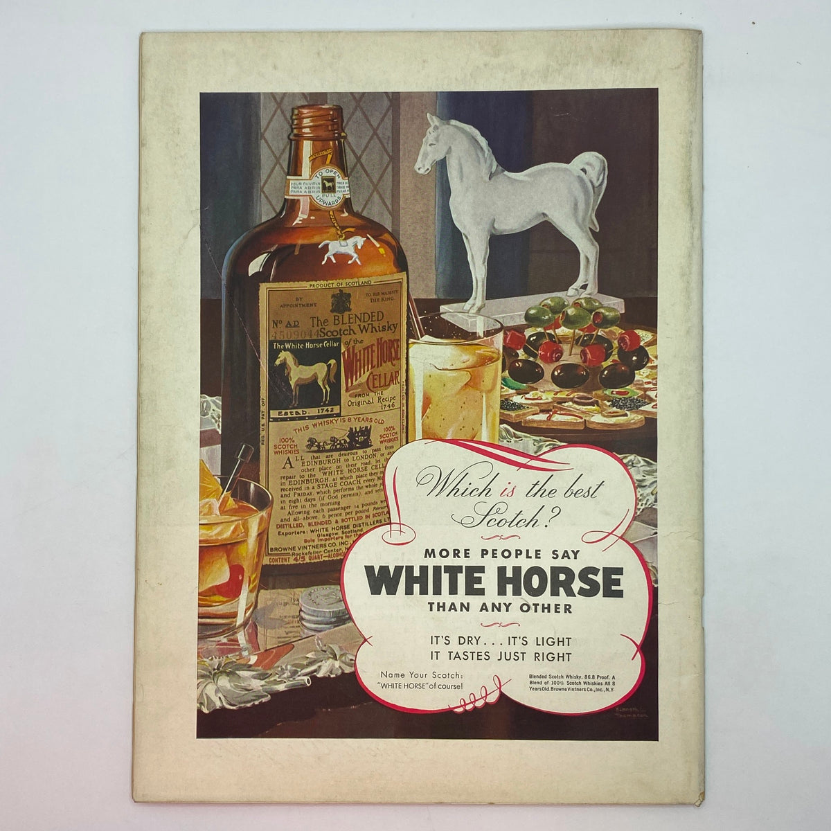 Vintage advertisement for White Horse Scotch whiskey in The New Yorker magazine from May 7, 1938, highlighting the product with a displayed bottle and elegant serving setup.