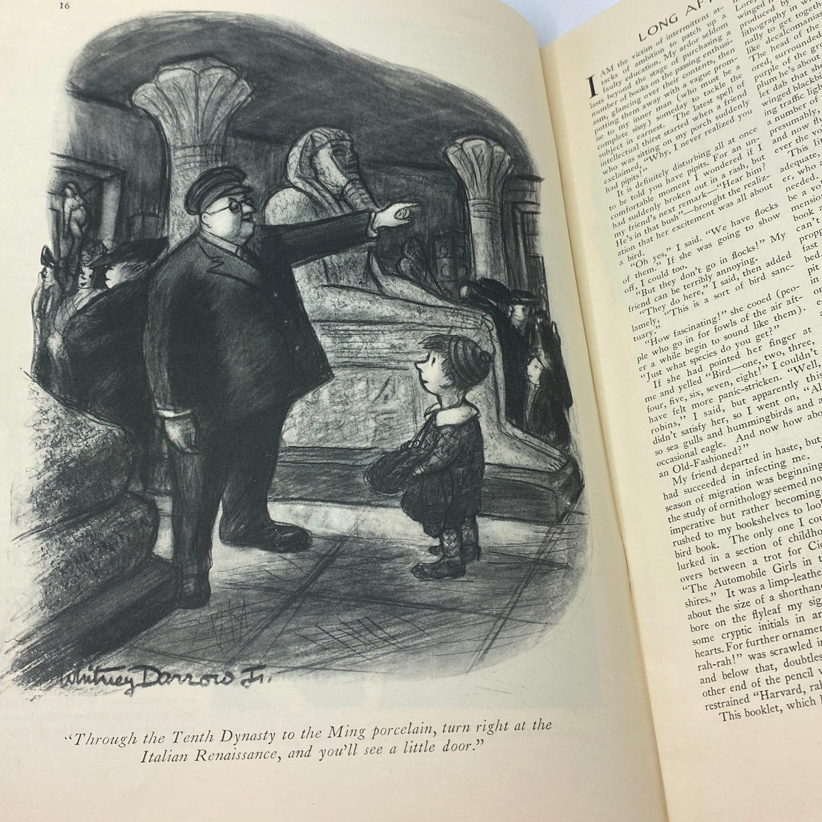 An illustrated page from The New Yorker magazine dated October 1, 1938, featuring a whimsical drawing by Whitney Darrow Jr., depicting a museum scene.
