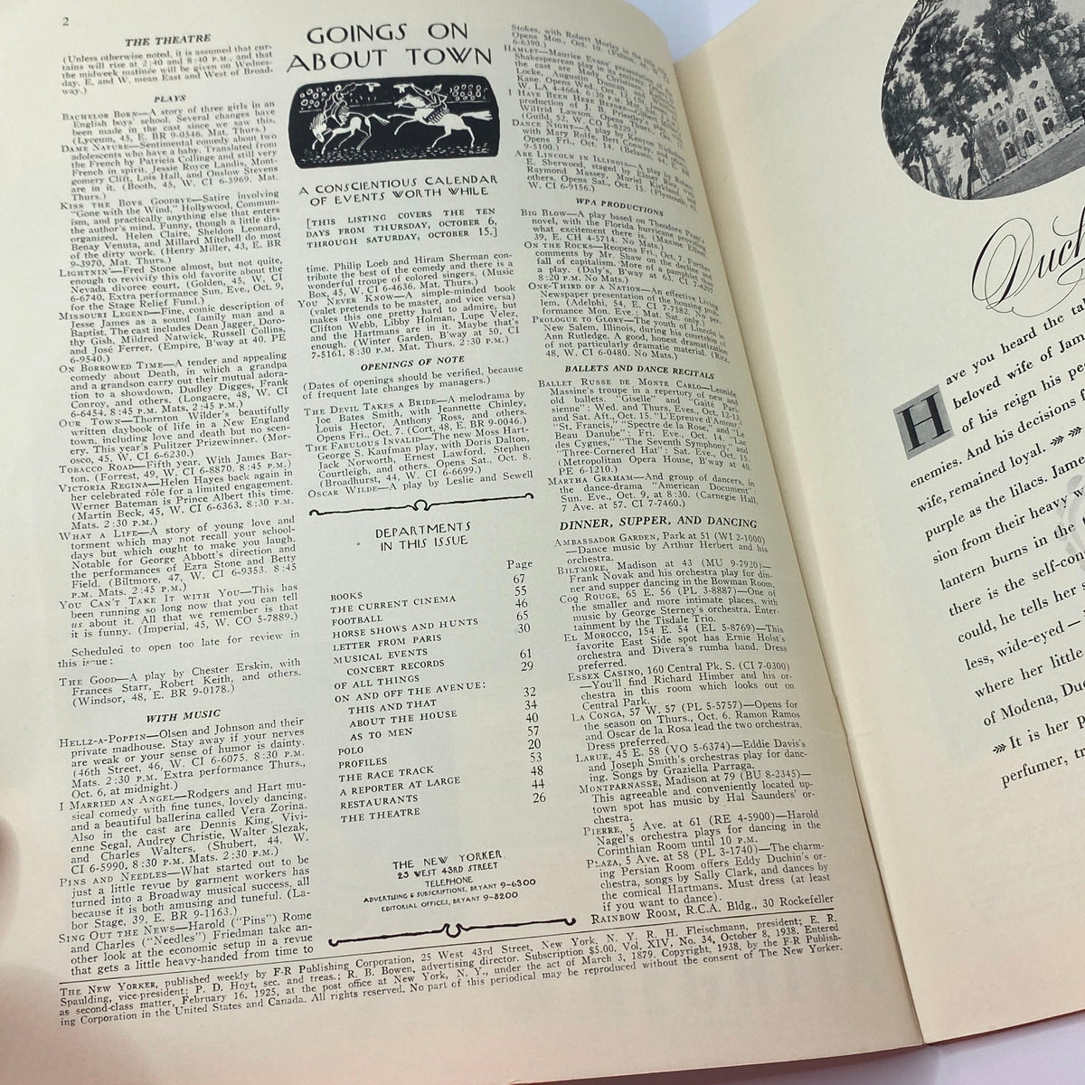 Interior page of The New Yorker magazine from October 8, 1938 featuring listings of events and articles, showcasing the magazine's vintage design and layout.