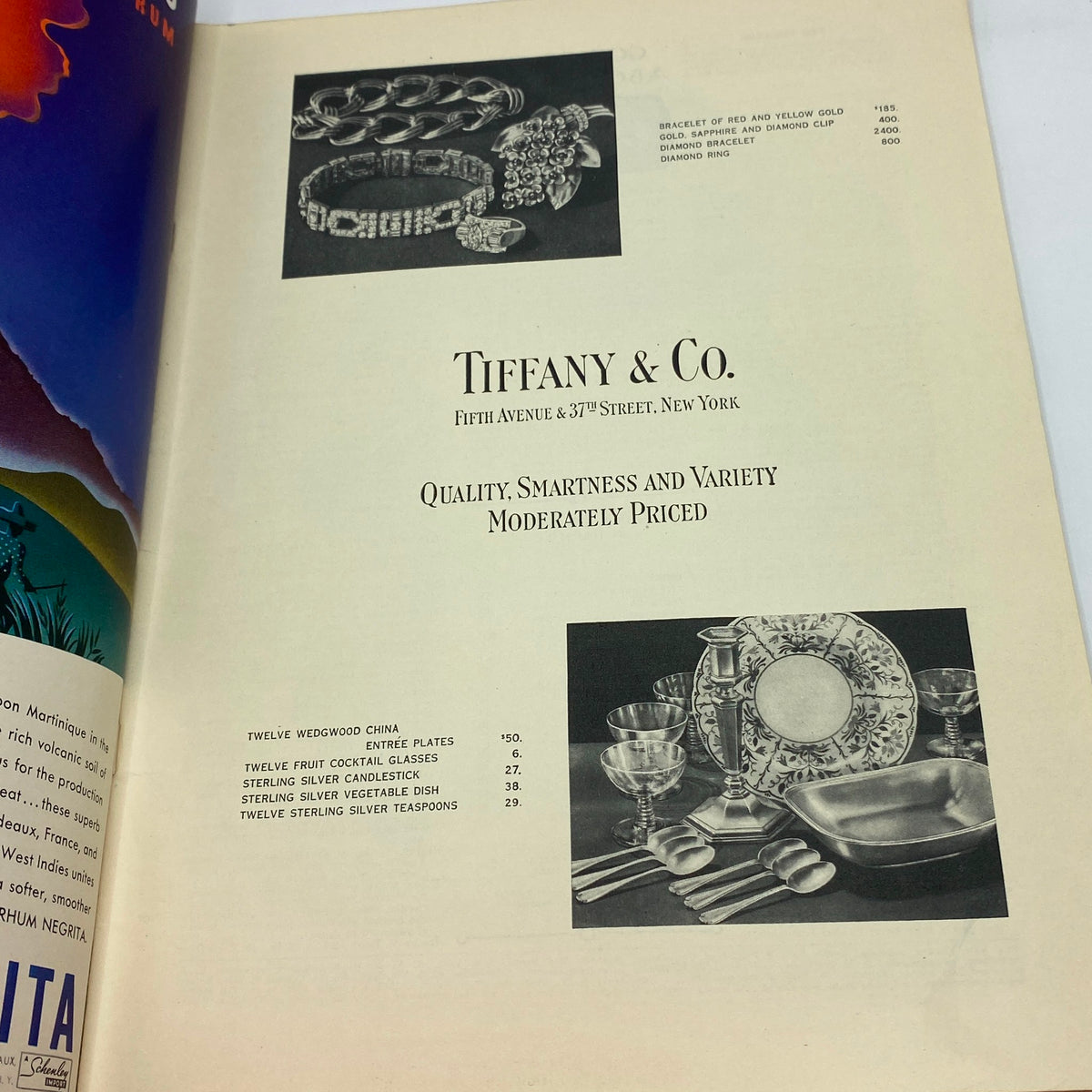 Vintage Tiffany & Co. advertisement from The New Yorker Complete Magazine October 8, 1938 featuring jewelry and dinnerware with prices, showcasing quality and elegance.