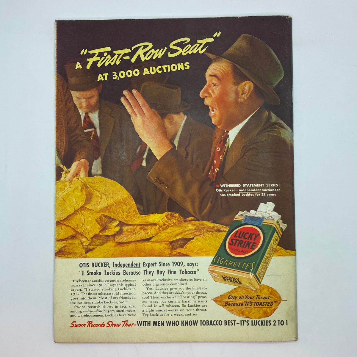 Advertisement for Lucky Strike cigarettes from The New Yorker Complete Magazine October 22, 1938, illustrating an auction scene with men in hats, promoting the product.