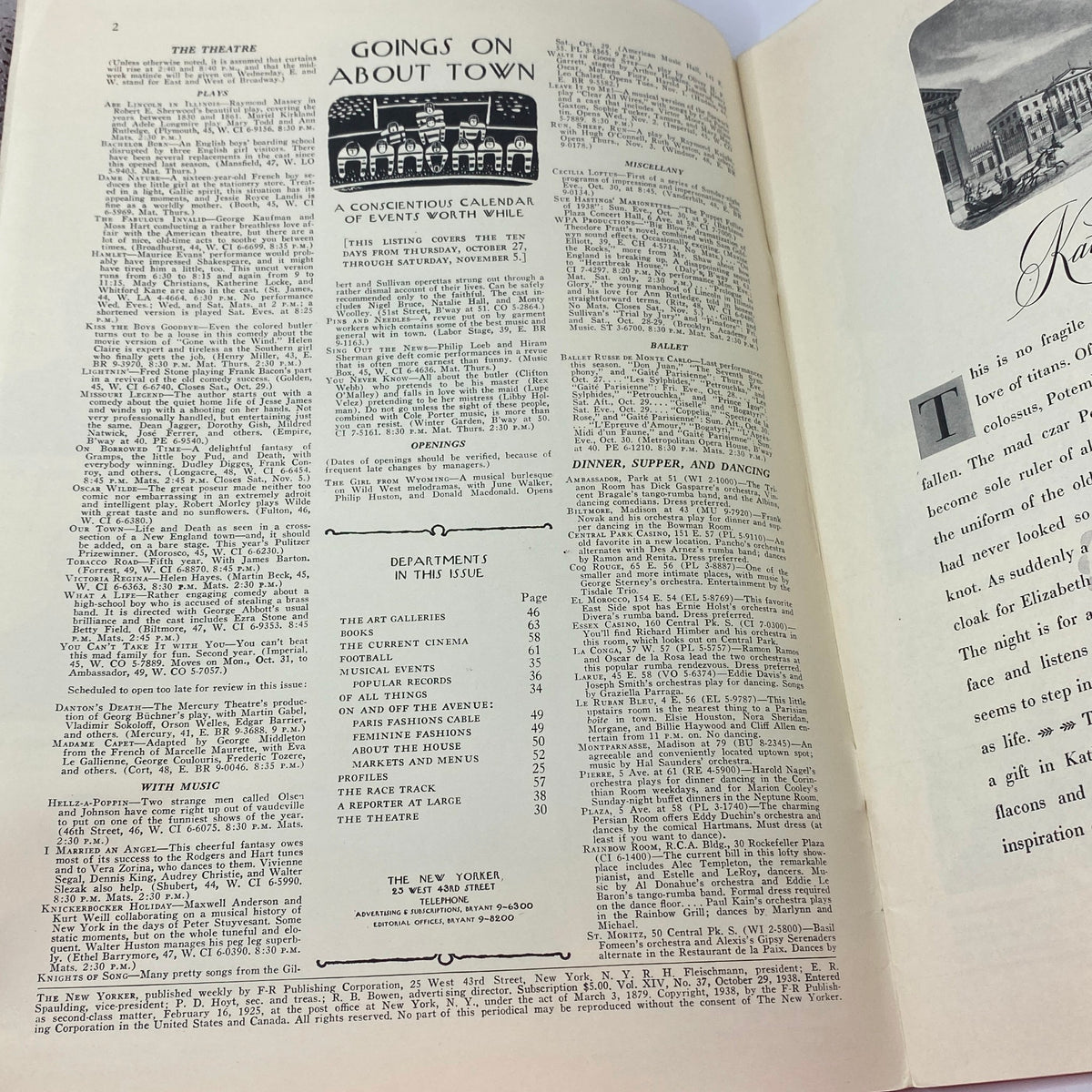 Interior page of The New Yorker complete magazine from October 29, 1938, featuring a calendar of events called 'Goings on About Town'.