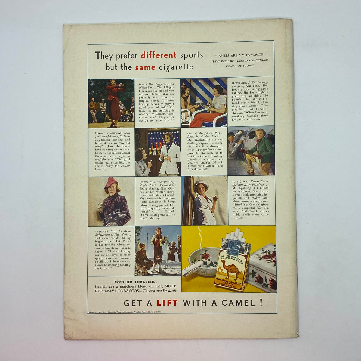 Back cover of The New Yorker complete magazine from October 29, 1938, featuring a Camel cigarette advertisement with famous personalities.