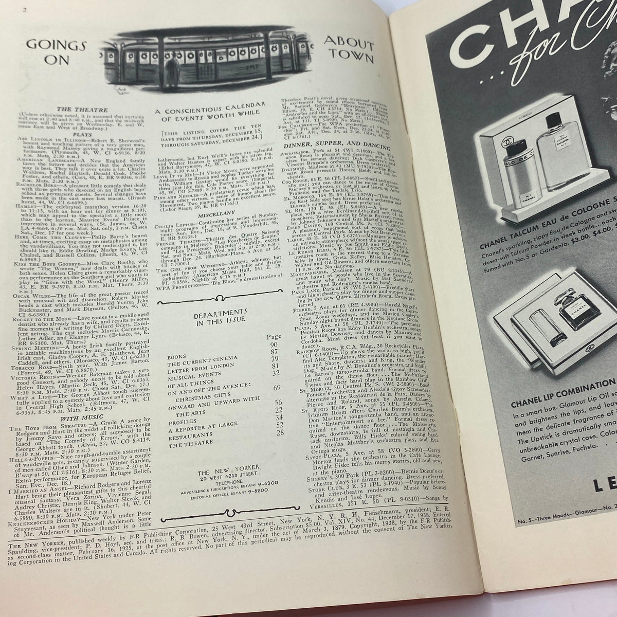 Inside page of The New Yorker complete magazine from December 17, 1938 featuring a calendar of events and various sections including theatre and books, highlighting its vintage design.